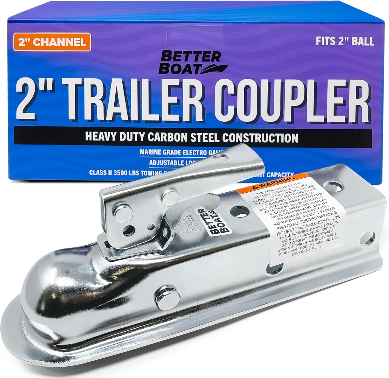 Trailer Coupler 2 Inch Ball, Compatible with 2 Inch Channel Width, Marine Grade, Class II, Straight Tongue, Boat Parts and Trailer Accessories