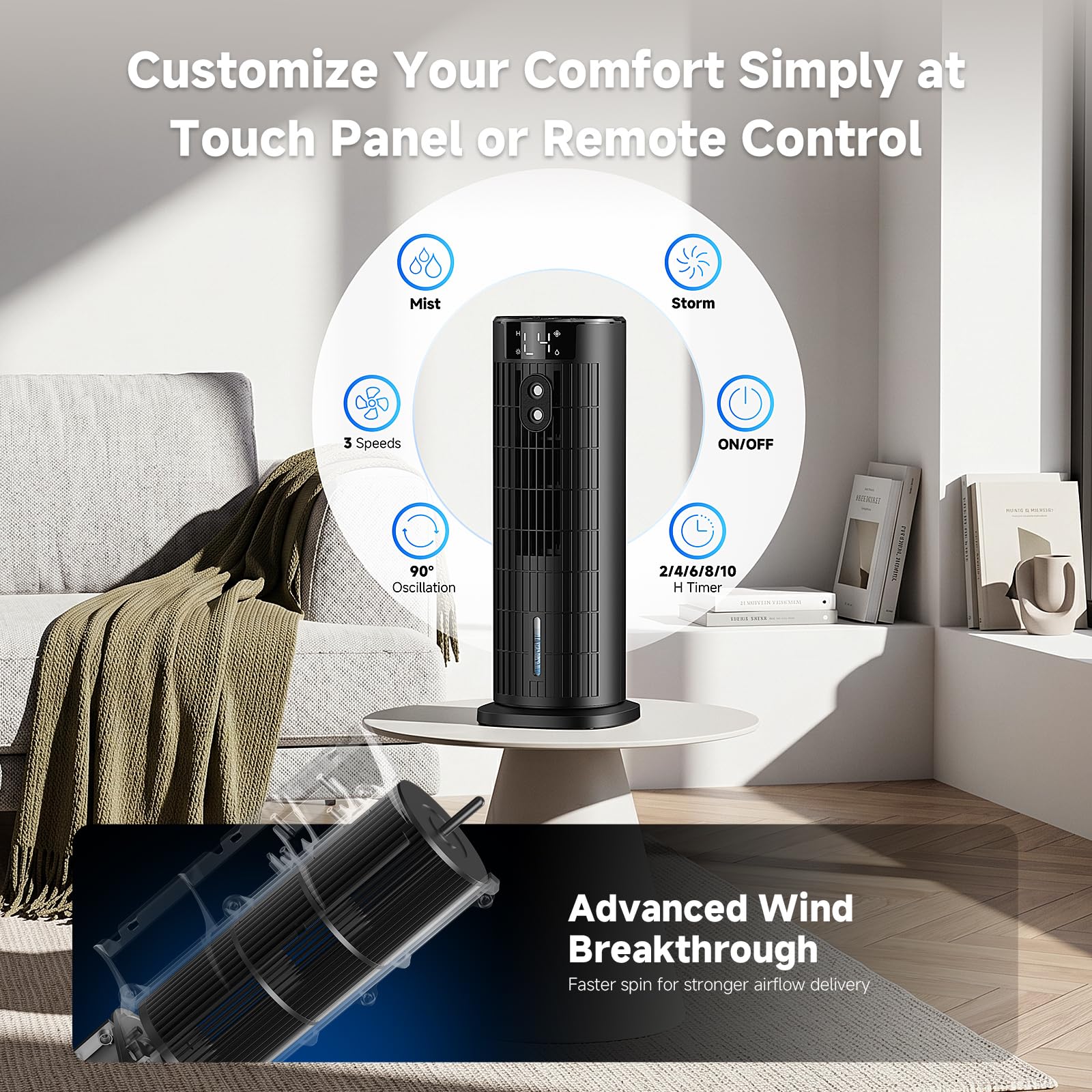 Climatiseur Mobile Portable Sans Lames 2026, Ventilateur Puissante 7.5 m/s, Nouveau Moteur CC (<35 dB), Refroidisseur d'Air Portable avec Oscillation 90°, Minuteur 10H, 4 Vitesses, Télécommande, Noir