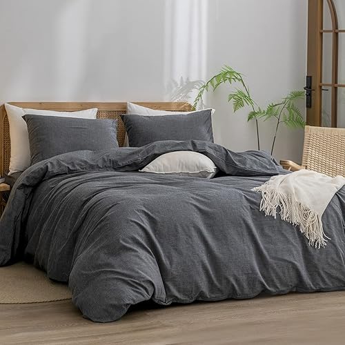 Miniatura 7 de BESTOUCH Juego de funda de edredón 100% algodón lavado, tacto súper suave, cómodo, elegante, ligero, juego de ropa de cama de 3 piezas, color negro