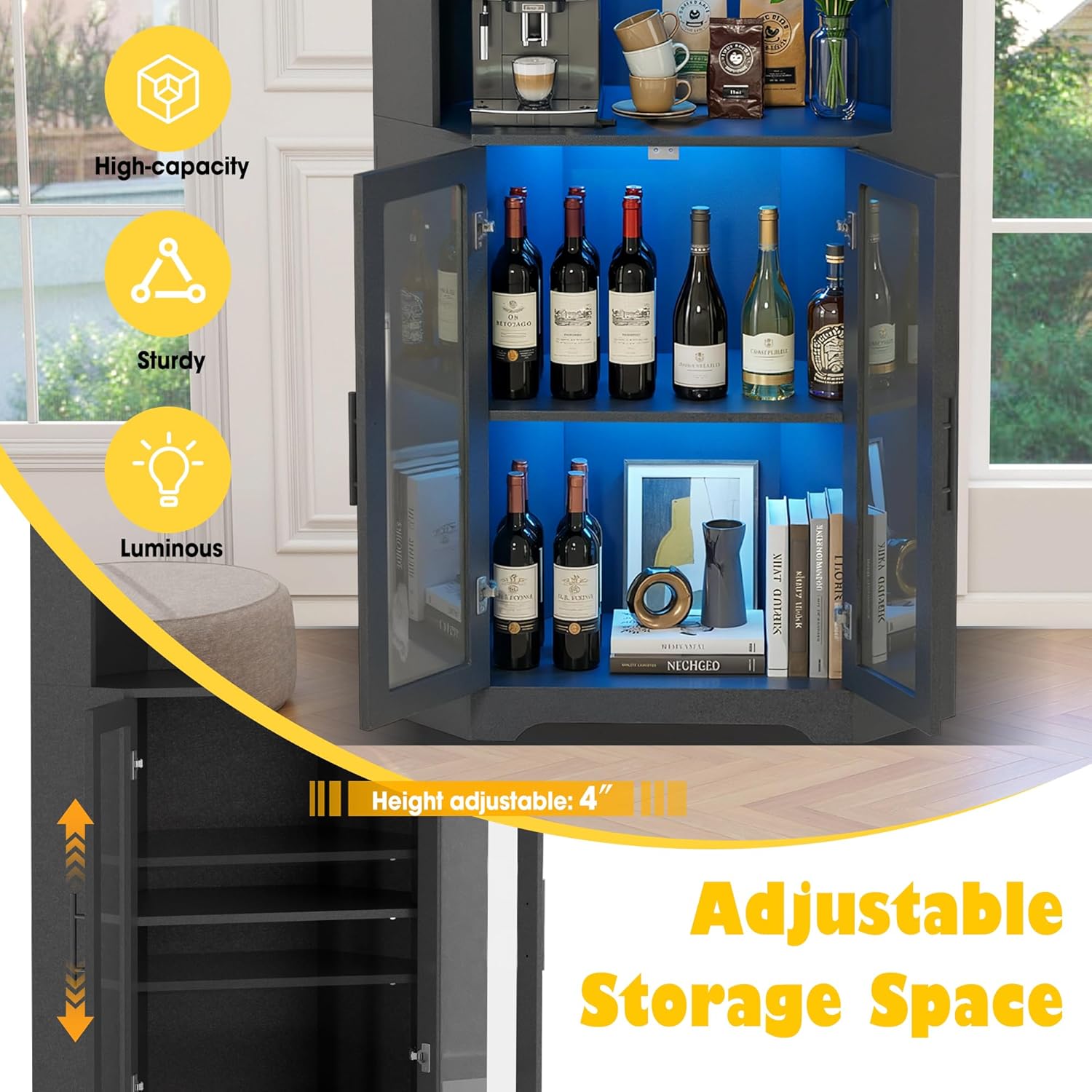 Corner Wine Cabinet with LED Lights, 65" Tall Corner Bar Cabinet with Tempered Glass Door & Glass Holder, 4-Tier Liquor Alcohol Coffee Bar Cabinet Storage for Home Living Dining Room, Kitchen