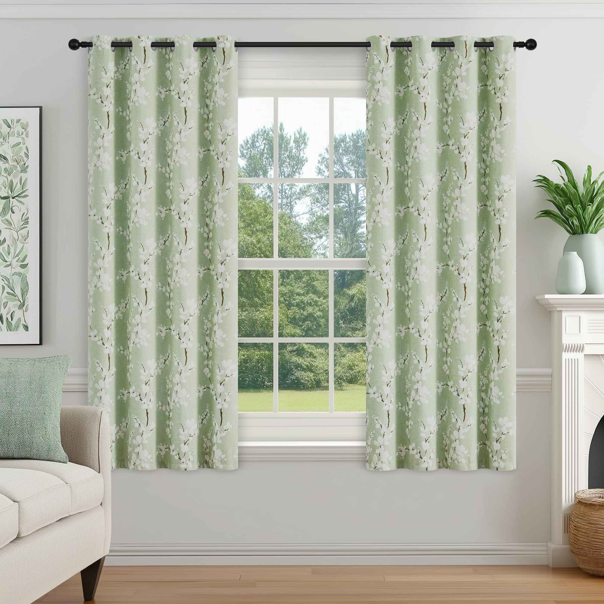 Fmfunctex Green Floral Blackout Curtains for Bedroom 54 inch Drop Eyelet Curtains for Living Room Nursary Blossom Thermal Insulated Window Curtain Panels 2 Panels White on Green