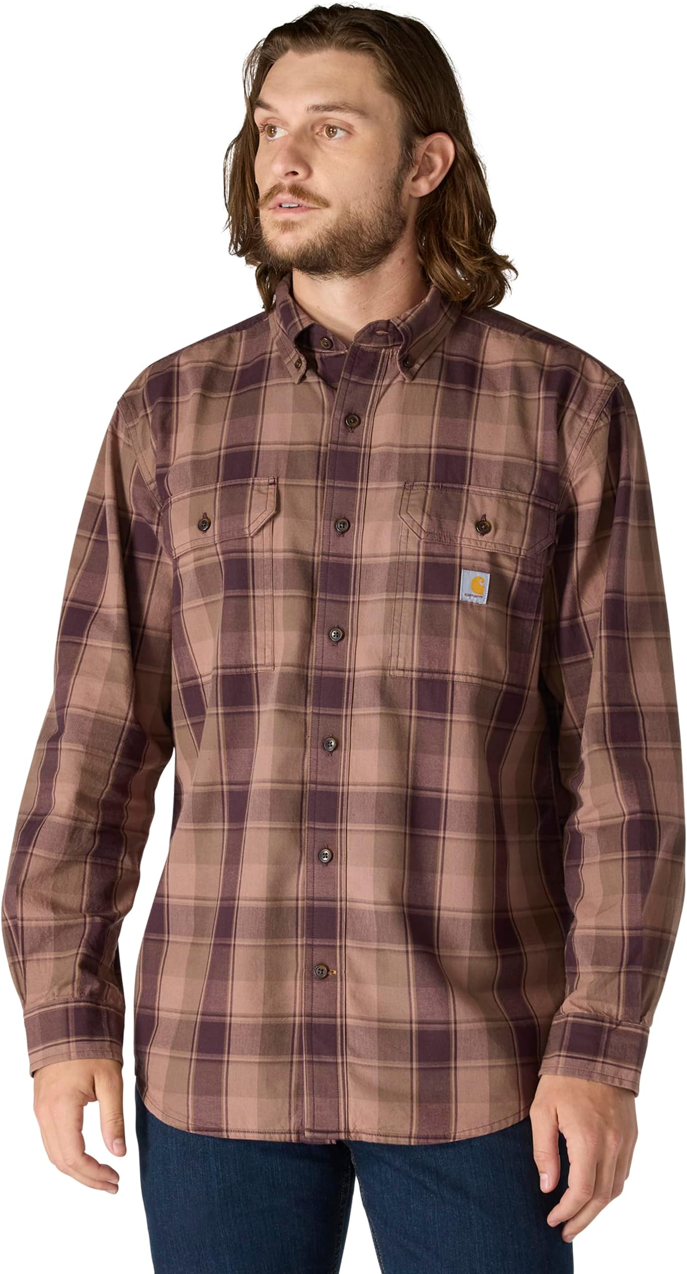 Men's Loose Fit Midweight Chambray Long-Sleeve Plaid Shirt