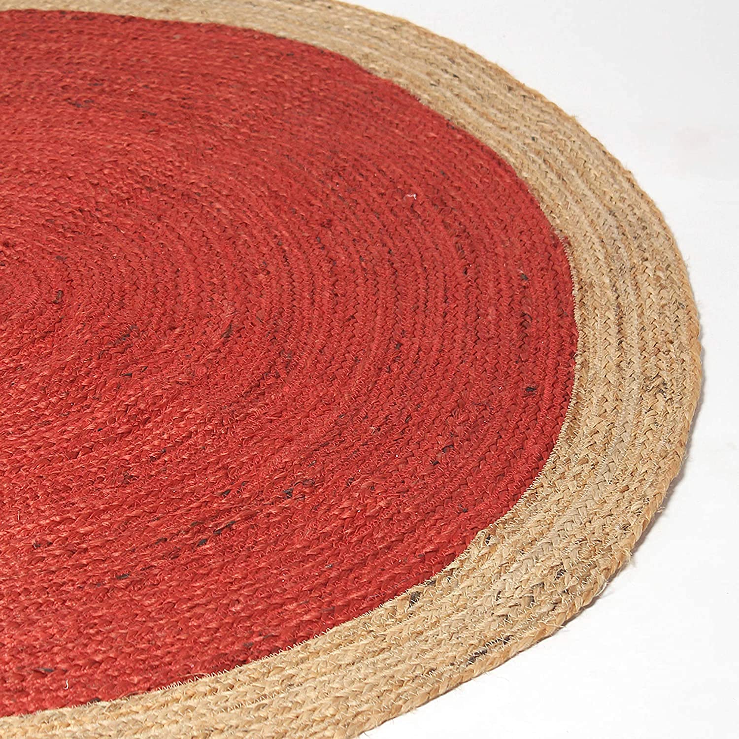 Alfombra india de yute natural trenzada hecha a mano, color rojo, alfombra de yute para sala de estar, alfombra de yute bohemia y elegante, tamaño de 3 x 3 pies, redonda (90 cm x 90 cm)