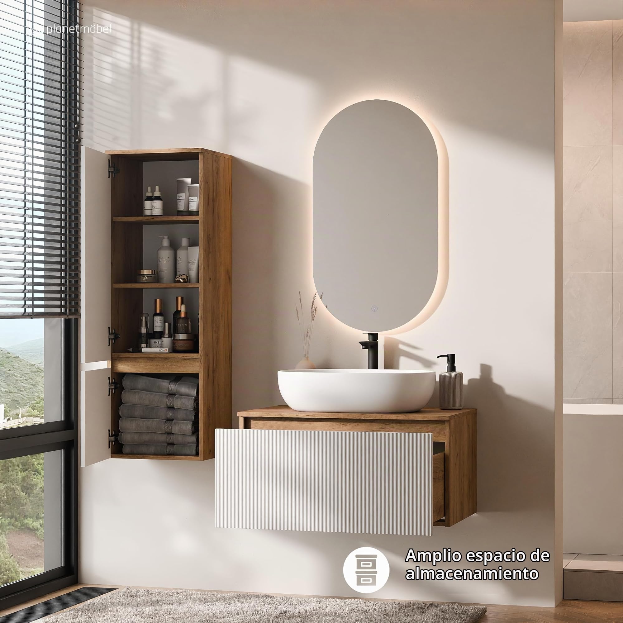 Planetmöbel Arisa - Conjunto de muebles de baño con mueble bajo, 80 cm, color roble dorado blanco (estriado) con espejo LED y mueble alto, lavabo de 60 cm, color: Blanco
