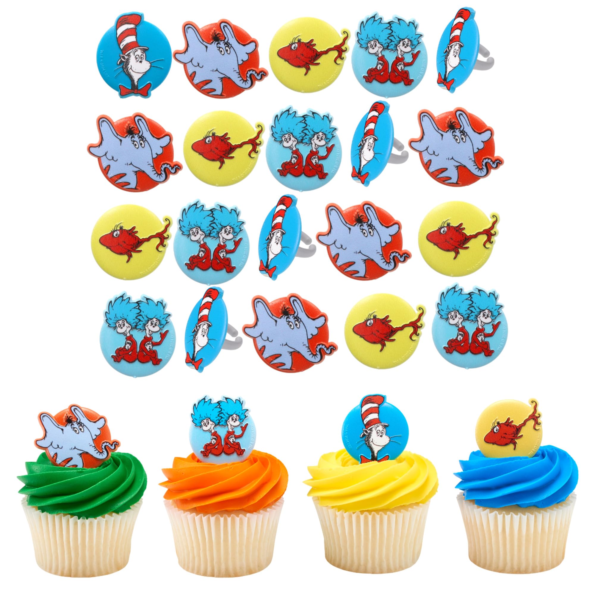 DecoPac Dr. Seuss Cupcake Rings, 24 Cupcake Decorations Featuring Horton, The Cat In The Hat, Things, Red Fish, For Birthday, Party, Celebrations - 24 Pack