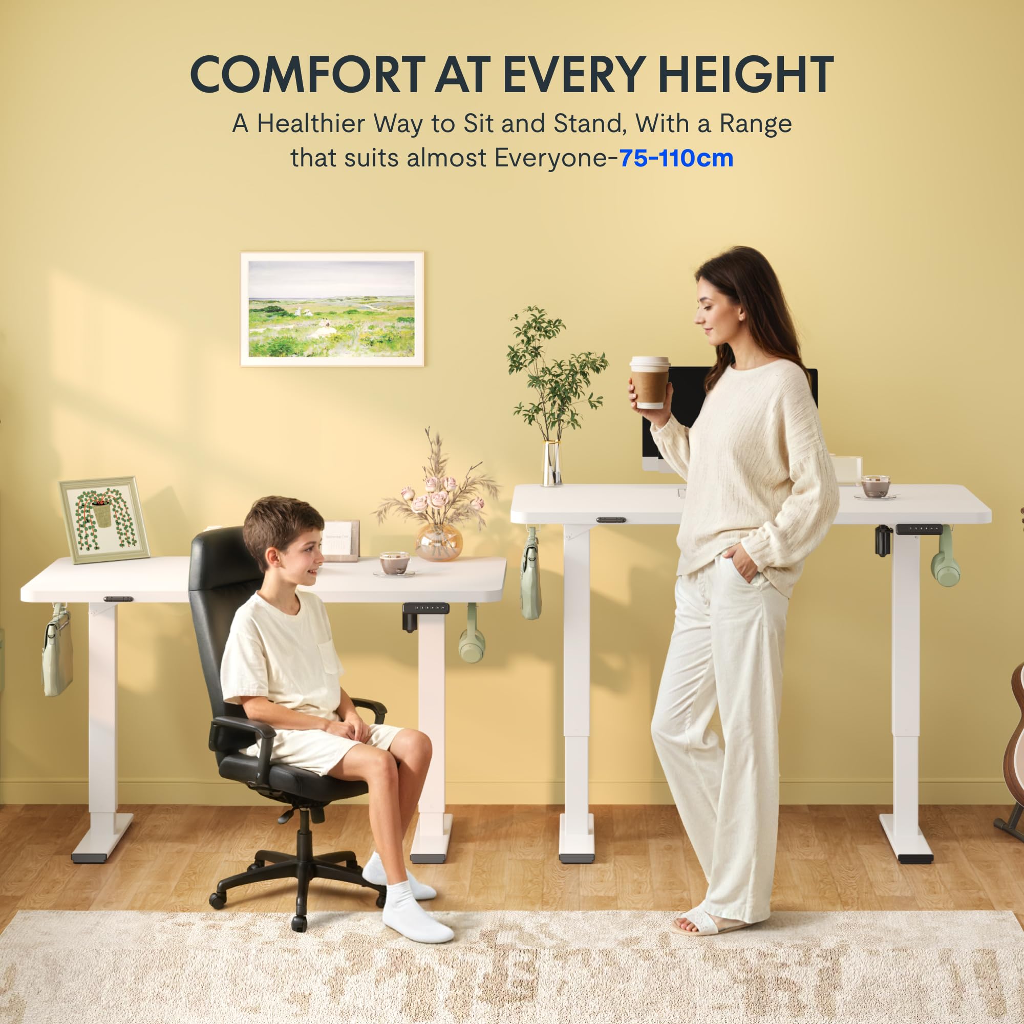 FLEXISPOT Scrivania Regolabile in Altezza Basic – Con Gestione Cavi, Ganci e Piano Monoblocco, Scrivania Ergonomica per Home Office (120x60 cm, Bianco)