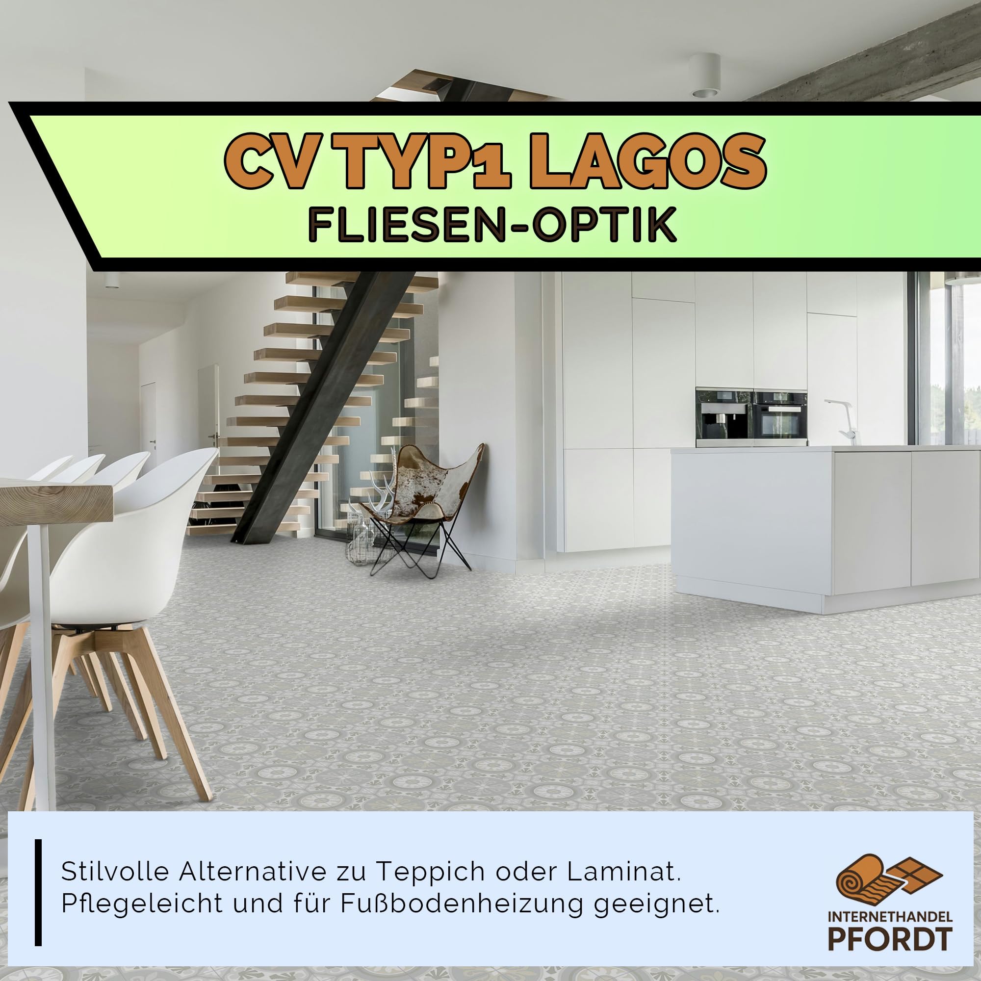 CV Bodenbelag Fliese Lagos, 350x200 cm, pflegeleichter PVC Vinylboden in Fliesenoptik, Meterware für Küche und Wohnzimmer