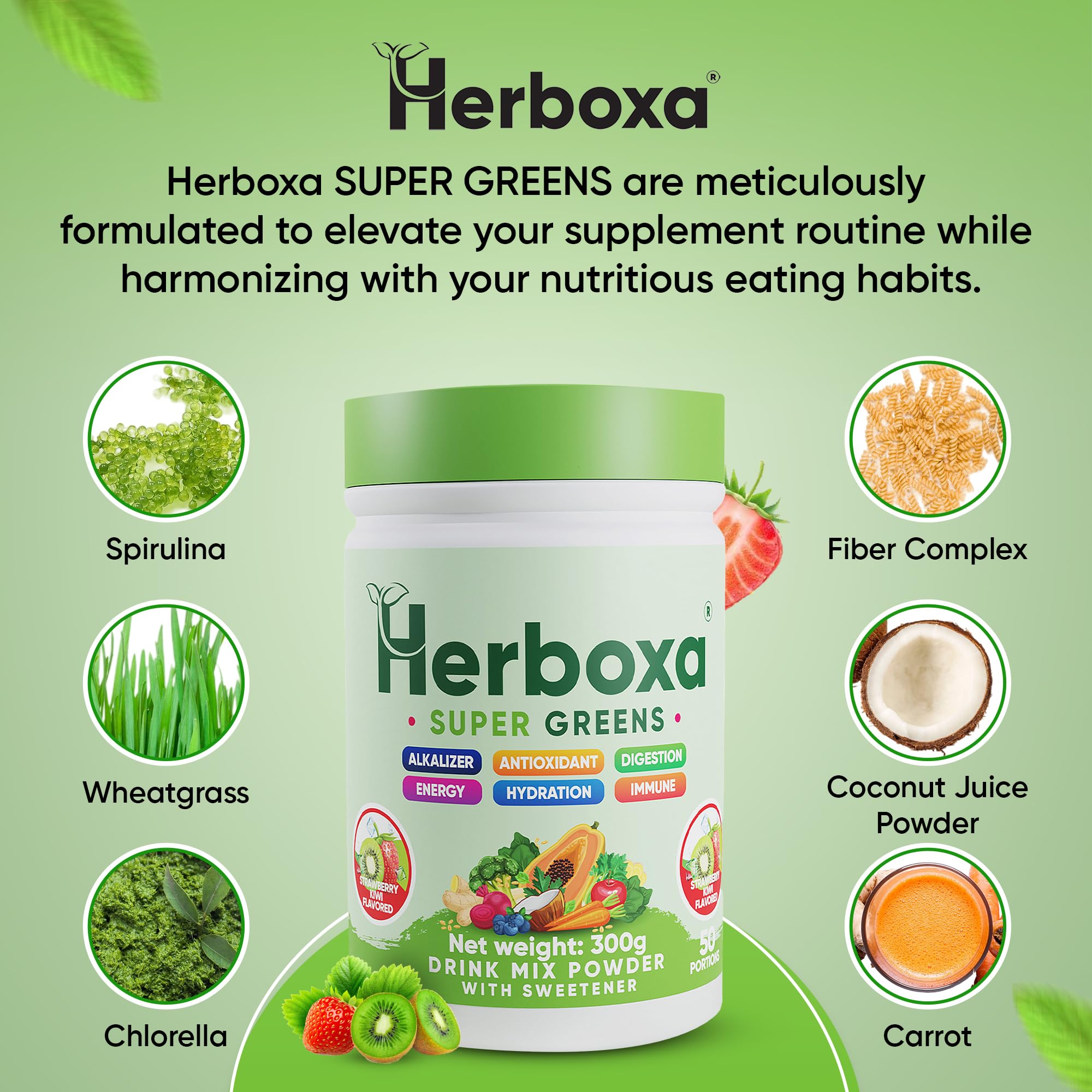 Herboxa SUPER GREENS Integratore Verde 50 Porzioni Fibra Probiotici Enzimi Digestivi Radice di Cicoria Zinco Cromo Gusto Fragola Kiwi Naturale Senza Zuccheri