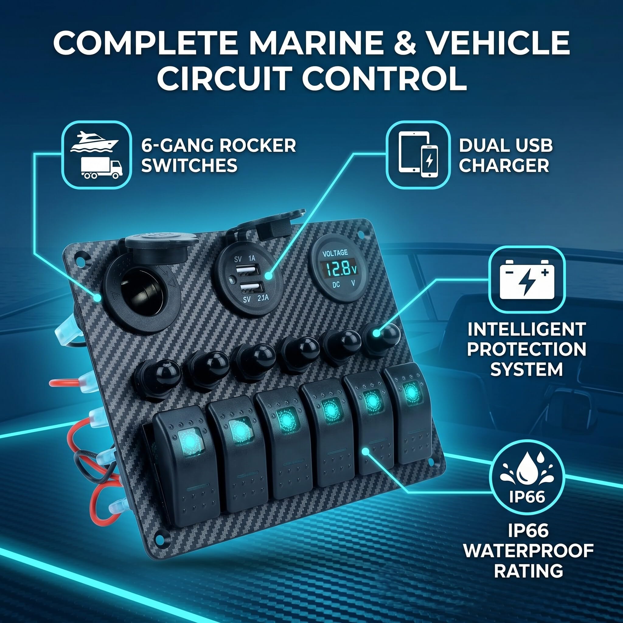 Pannello Interruttori a Bilanciere a 6 Gruppi, Interruttore a Levetta per Barche Marine Ignifugo, Protezione Sovraccarico, Facile Installare per Yacht, Auto, SUV