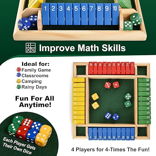 Miniatura 5 de Wooden Shut The Box - Juego de dados para interiores - Ideal para 2 a 4 jugadores - Gran juego familiar - Diseño colorido - Fieltro cómodo - Juego