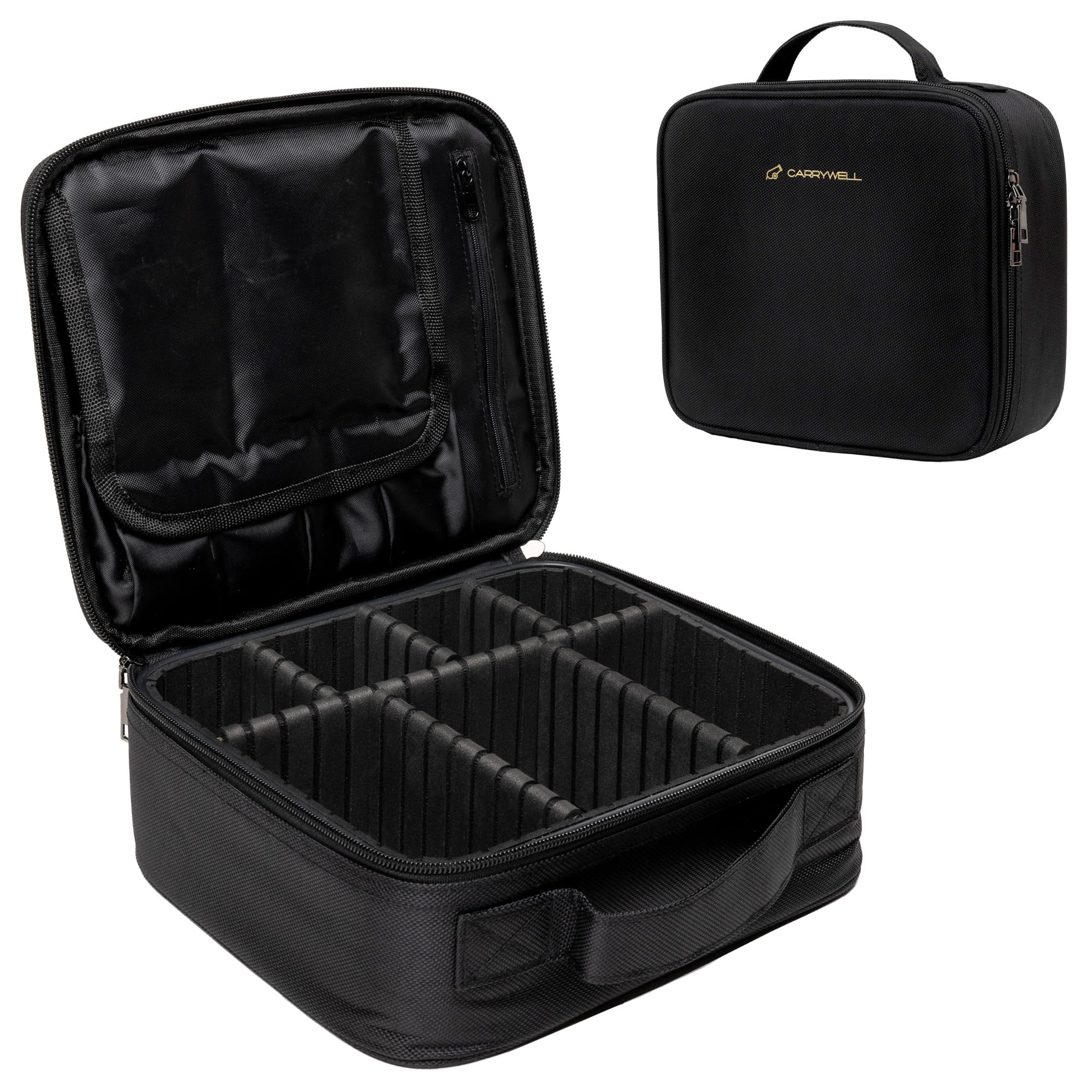 (Not Made In China) Travel Makeup Train Case, Make Up Box, Cosmetic Storage Organizer For Professional Beauty Artist W/Adjustable Dividers For Jewelry, Nail Polish and Brushes, Black, Small, Train