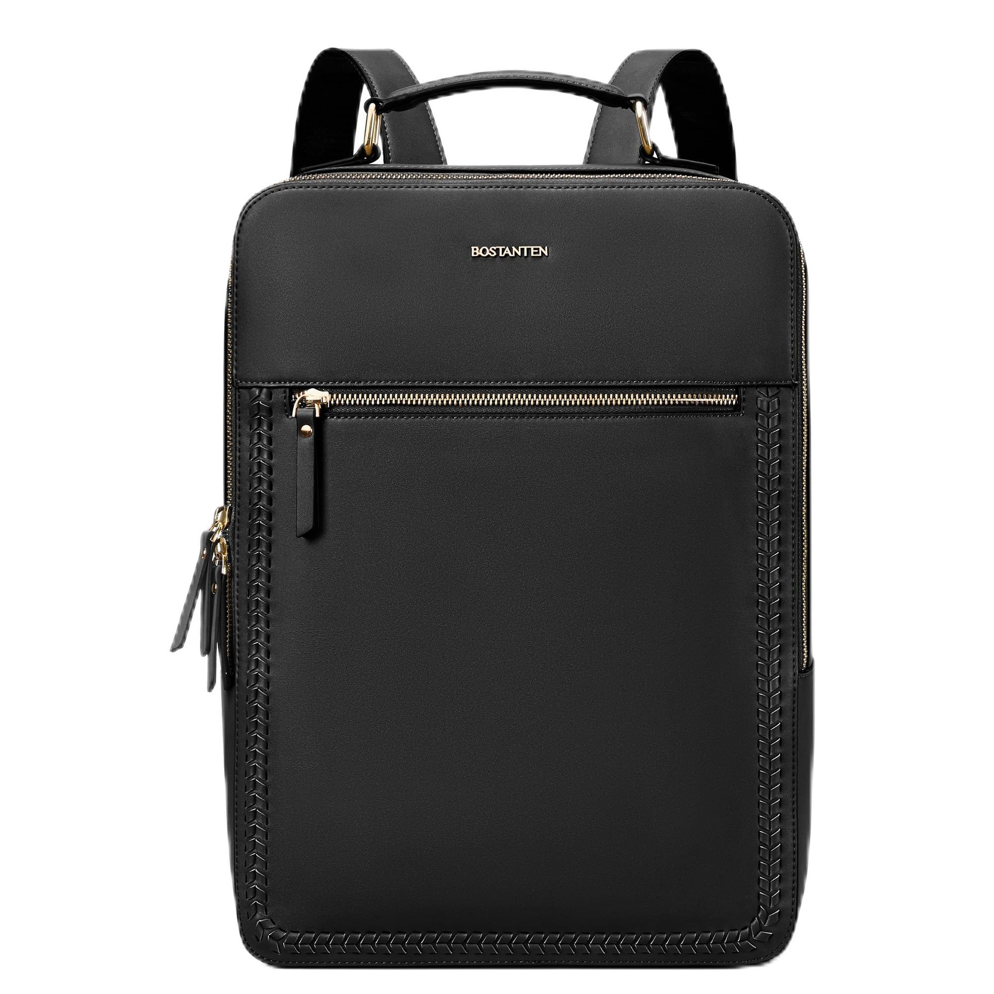 BOSTANTEN Leather Backpack 15.6 inch Laptop Bag Travel Casual Computer Backpack College Business Work Shoulder Bags with Trolley Sleeve for Women Men Black