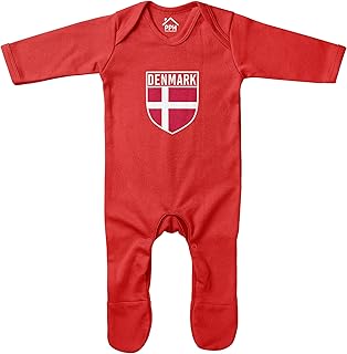 Purple Print House Baby Purple Print House Baby Boys Denmark Flag Badge Retro Romper Suit - Football Country European 2021 Supporters Gifts for Baby - 2020 Danish Tournament Footy Soccer Top