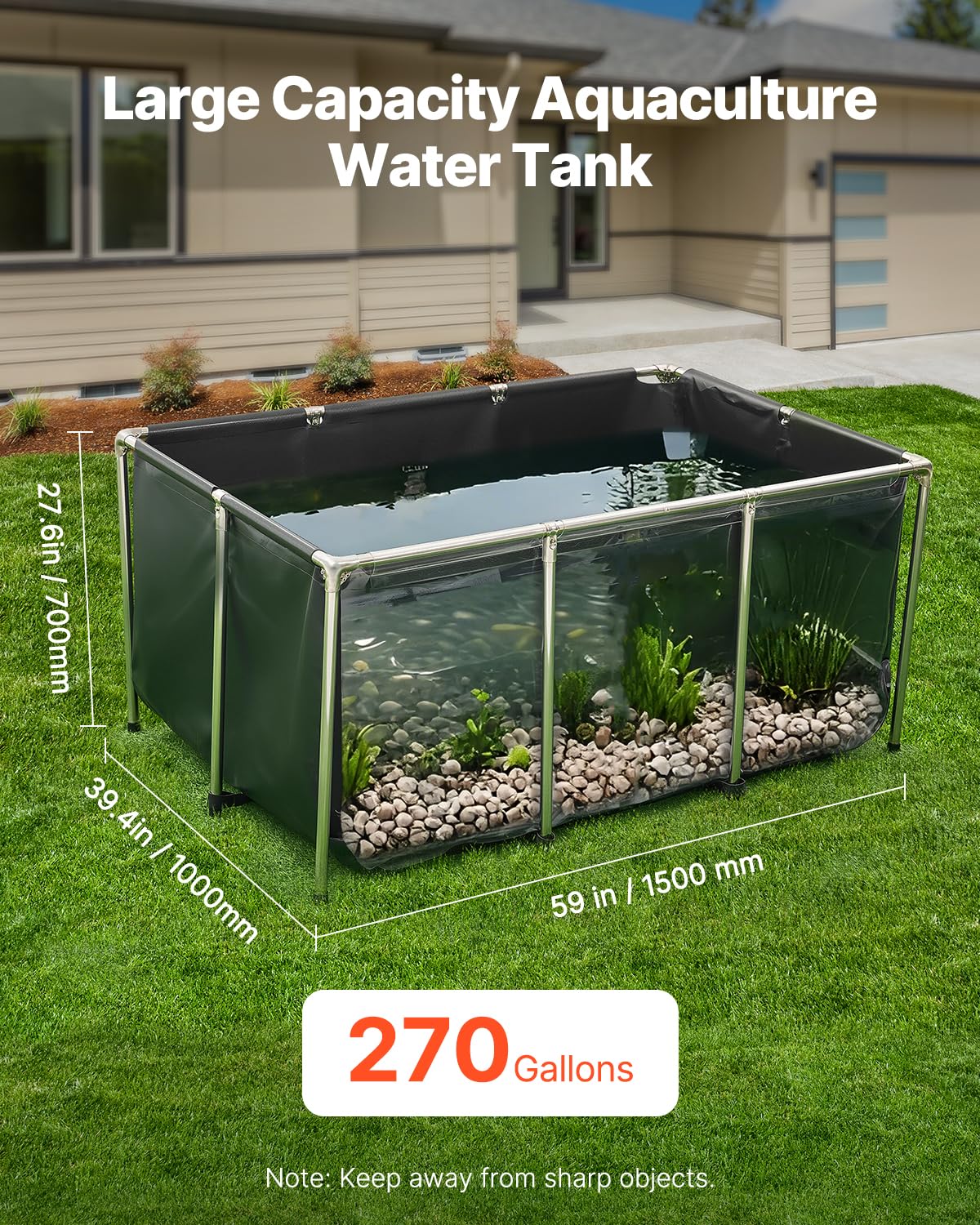 VEVOR Estanque de Lona sobre Suelo 1023,3 L de PVC con Panel de Visualización Transparente Tanque Rectangular 150x100x70 cm para Peces Dorados con Marco de Acero Inoxidable Válvula de Drenaje, Negro
