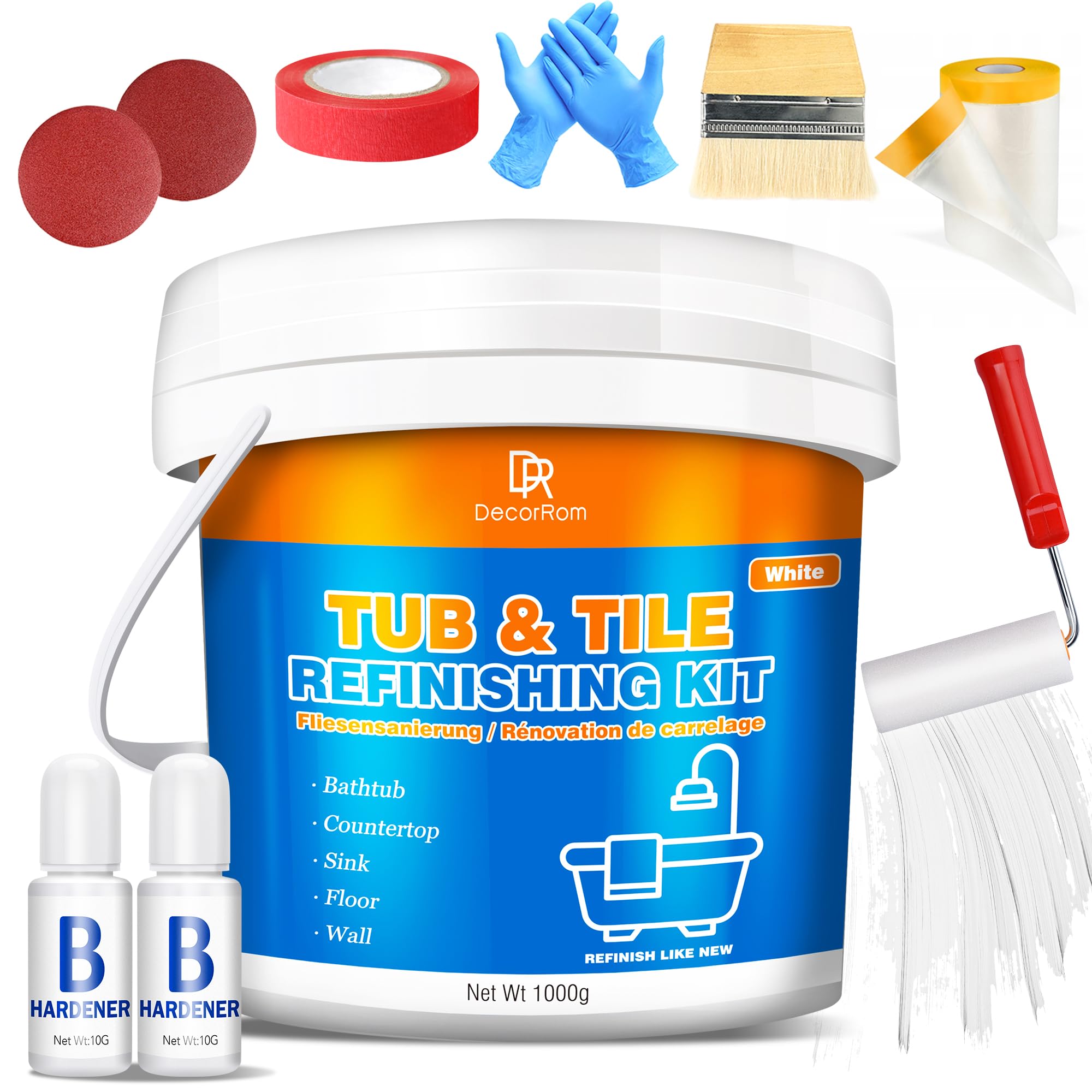Tub and Tile Refinishing Kit, 1000g Tile Paint Bathtub Paint White for DIY Bathroom Resurfacing, Ceramic, Porcelain Tiles, Glass, Marble Sinks Water Based Waterproof Scratch Resistant Tools in Bucket — image 1