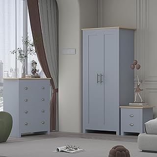 AFN Home Country Style 3 Piece Bedroom Set - Wardrobe Chest Bedside Grey on Oak (3 Piece Set) (Grey on Oak)