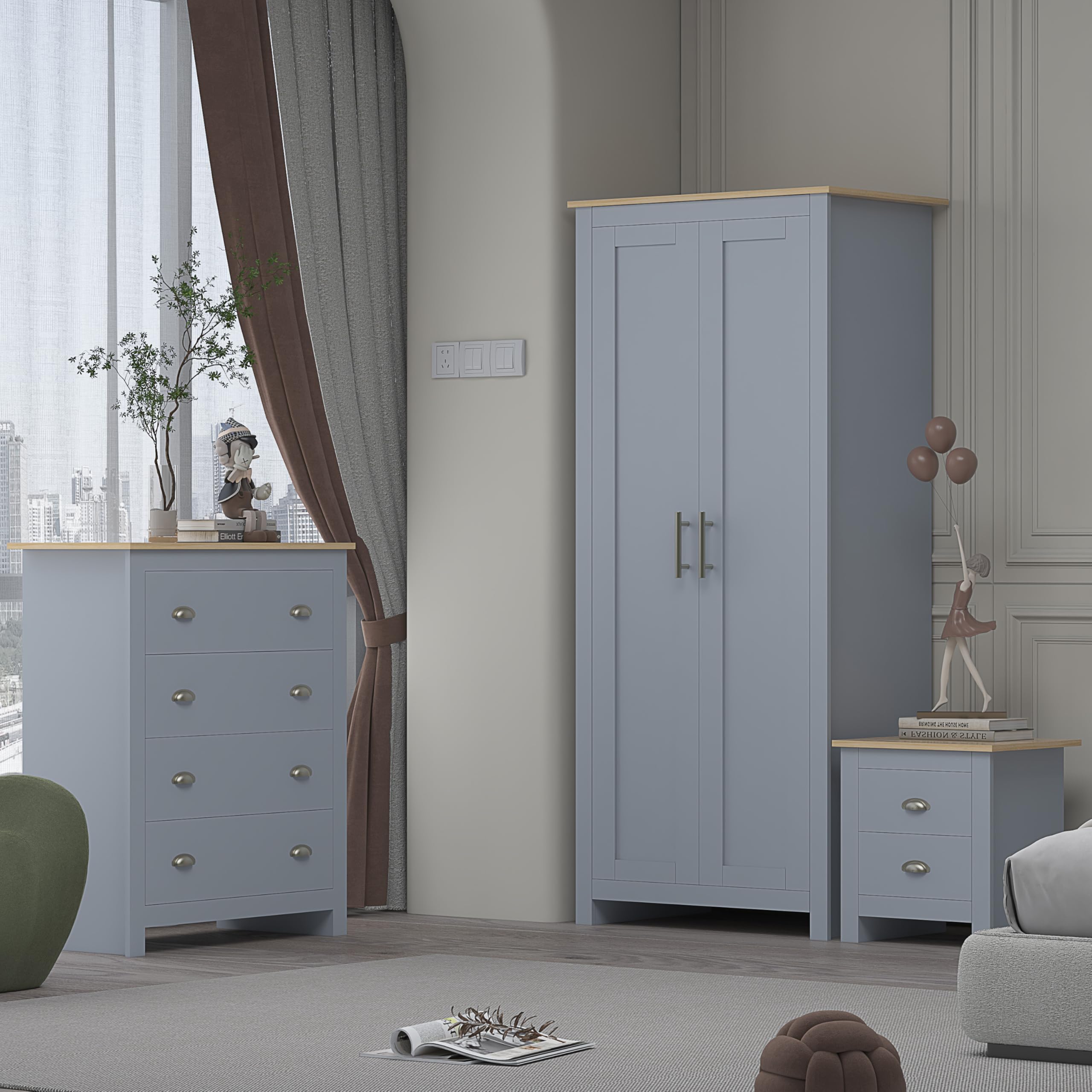 AFN Home Country Style 3 Piece Bedroom Set - Wardrobe Chest Bedside Grey on Oak (3 Piece Set) (Grey on Oak)