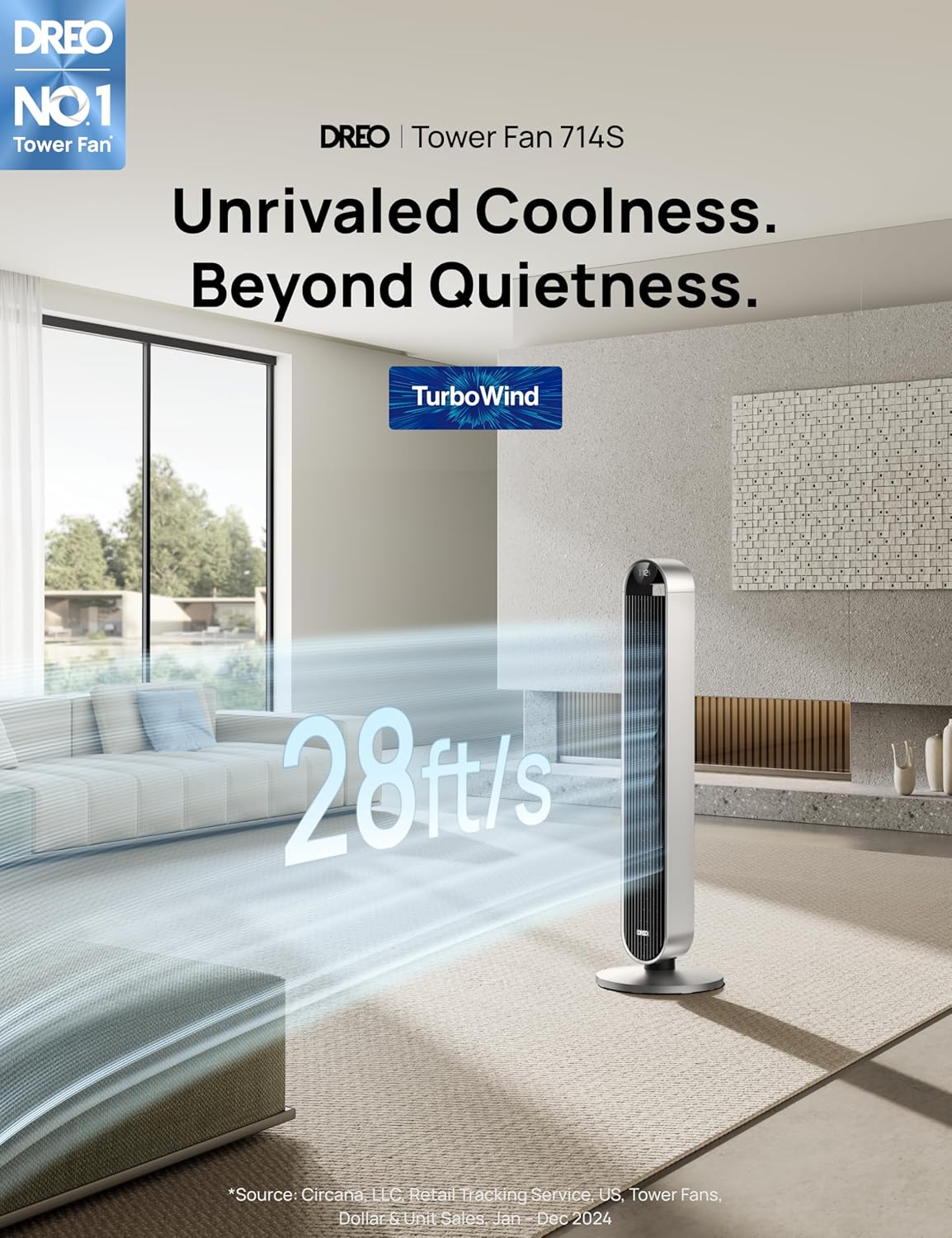 Dreo Tower Fan for Bedroom, 42 Inch 120° Oscillating Fan, 25dB Quiet DC Motor, 28ft/s Velocity Bladeless Standing Fan with 12 Speeds, 4 Modes, 12H Timer Cooling Fans for Home, Living Room - Image 2