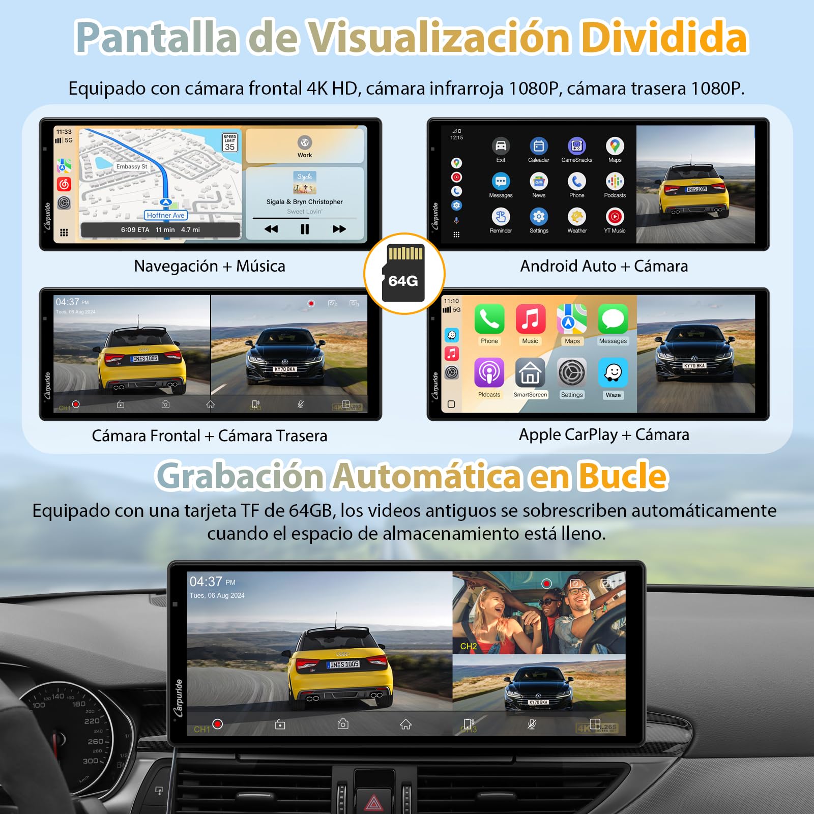 CARPURIDE W903S Pantalla con CarPlay y Android Auto y Dash CAM de 3 Canales | IPS HD de 9,3", Cám Frontal 4K, Cám Trasera 1080P,Cám Infrarroja 1080P, Grabación en Bucle, GPS, Bluetooth, Siri, Mirror Link