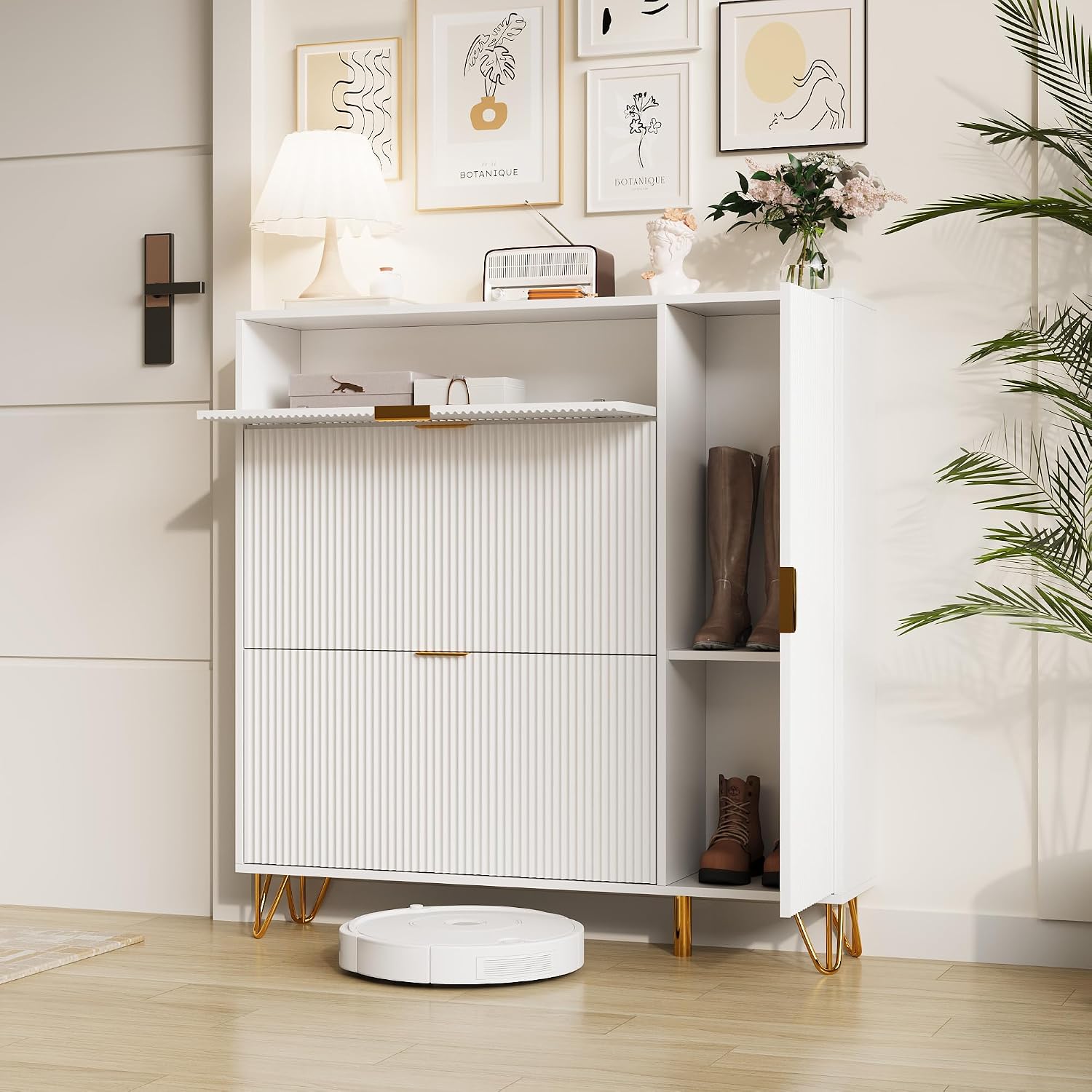 White Shoe Cabinet with 3 Doors Adjustable Dividers Storage Space Entryway nizer 110 x 24 x 114 cm Stylish Shoe Rack for Hallway and Closet.