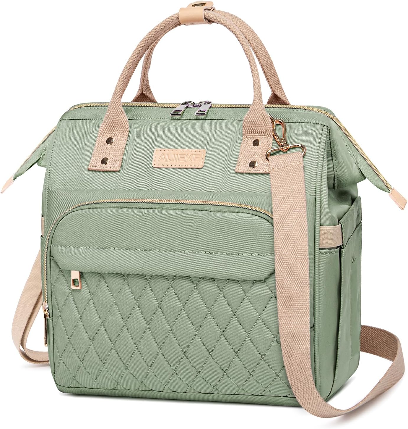 AIJIEKE Lunch Bag for Women, Leakproof & Insulated Work Lunch Box Tote, Reusable Adult Cooler Bag with Water Bottle Side Pocket & Removable Shoulder Strap, Green