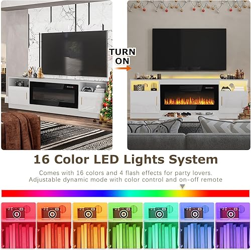 Miniatura 2 de PUKAMI Soporte de TV con chimenea para televisores de hasta 80 pulgadas, centro de entretenimiento con chimenea, soporte de TV con luz LED, 70