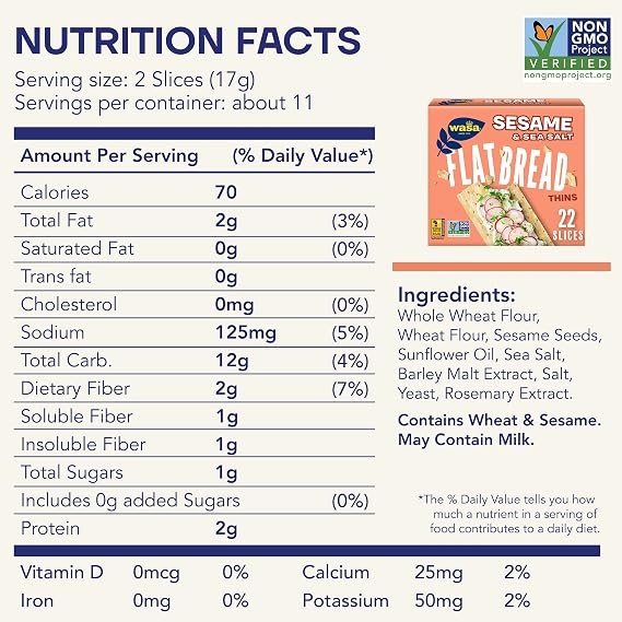 Wasa Thins Flatbread Crackers Variety 4 Pack, Rosemary & Sea Salt (Pack Of 2) & Sesame & Sea Salt (Pack Of 2), No Saturated Fat (1.5g - 2.0g Total Fat) & 0g of Trans Fat, No Cholesterol, 2.4 Lb