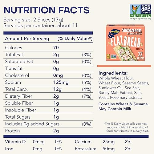 Vista 2 de Wasa Pan plano fino de sésamo y sal marina, 6.7 onzas (paquete de 10), galletas, ingredientes sin OMG