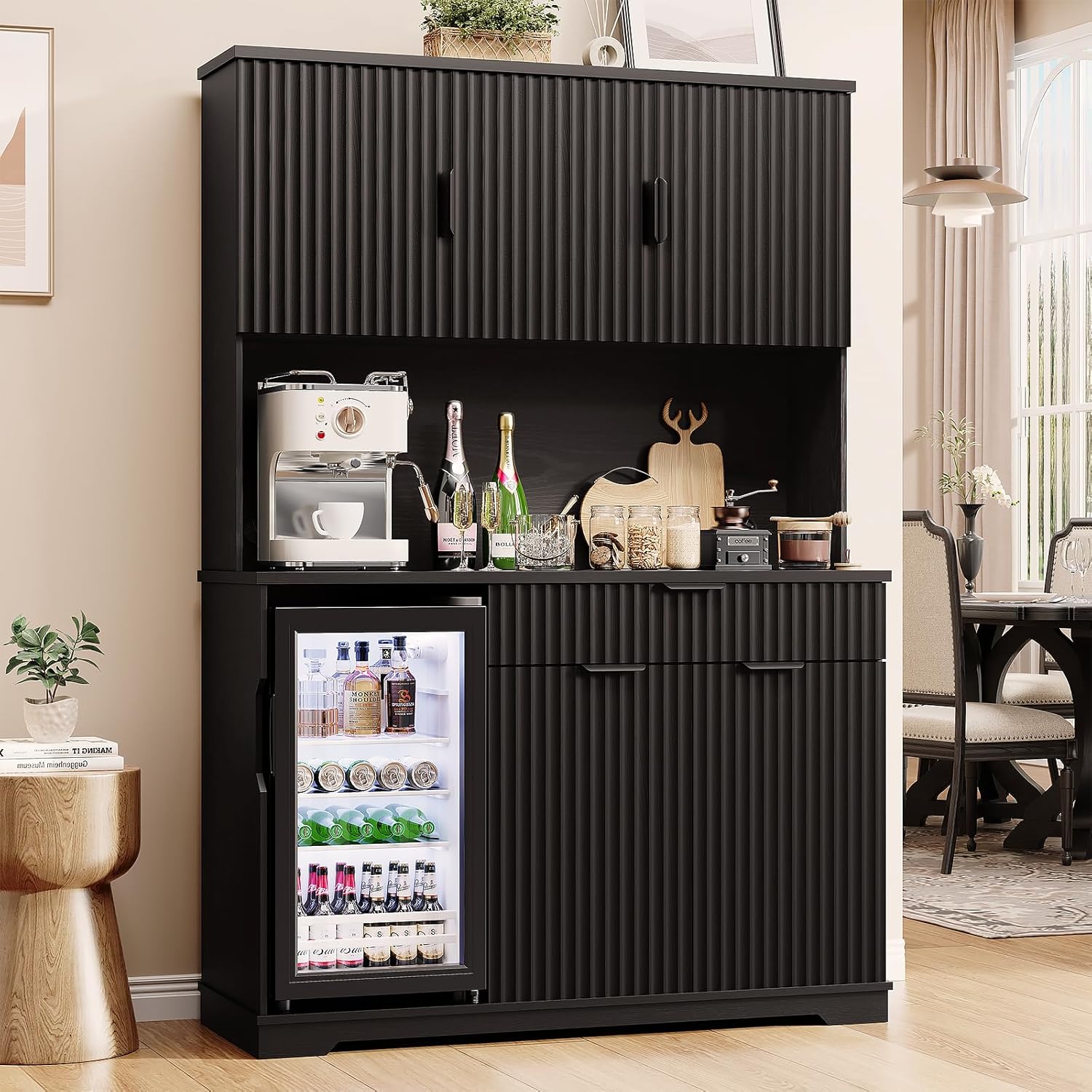 Aauro Home 69" Fluted Kitchen Pantry with 92L Fridge Included, Wine Bar Cabinet, Storage Hutch, Drawers & Countertop - Black