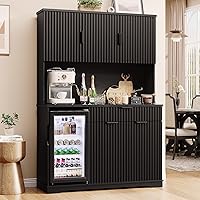 Aauro Home 69" Fluted Kitchen Pantry with 92L Fridge Included, Wine Bar Cabinet, Storage Hutch, Drawers & Countertop - Black