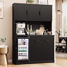 Aauro Home 69" Kitchen Pantry with Fridge (Fridge Included), Fluted Coffee Bar Cabinet with Storage Hutch, Tall Wine Bar Cabinets with Drawers &amp; Wide Countertop for Living Room, Dining Room, Black
