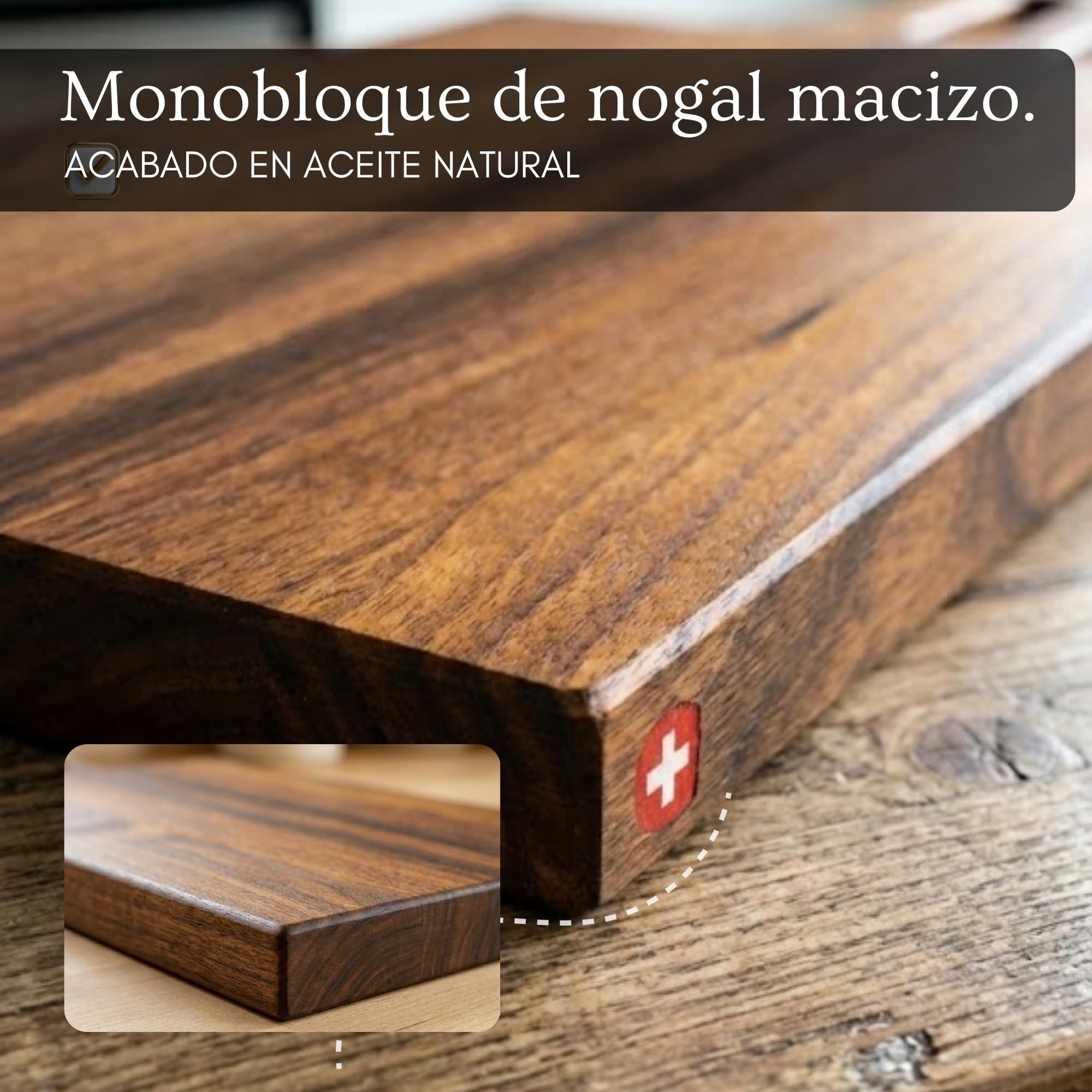 PAVLOVA’S Tabla de Corte y Servicio en Nogal – Artesanía Suiza – 49 × 18 cm – Acabado en Aceite Alimentario – Veta Natural – Para Servir y Cortar – Caja de Regalo – Garantía 10 Años – Edición Limitada