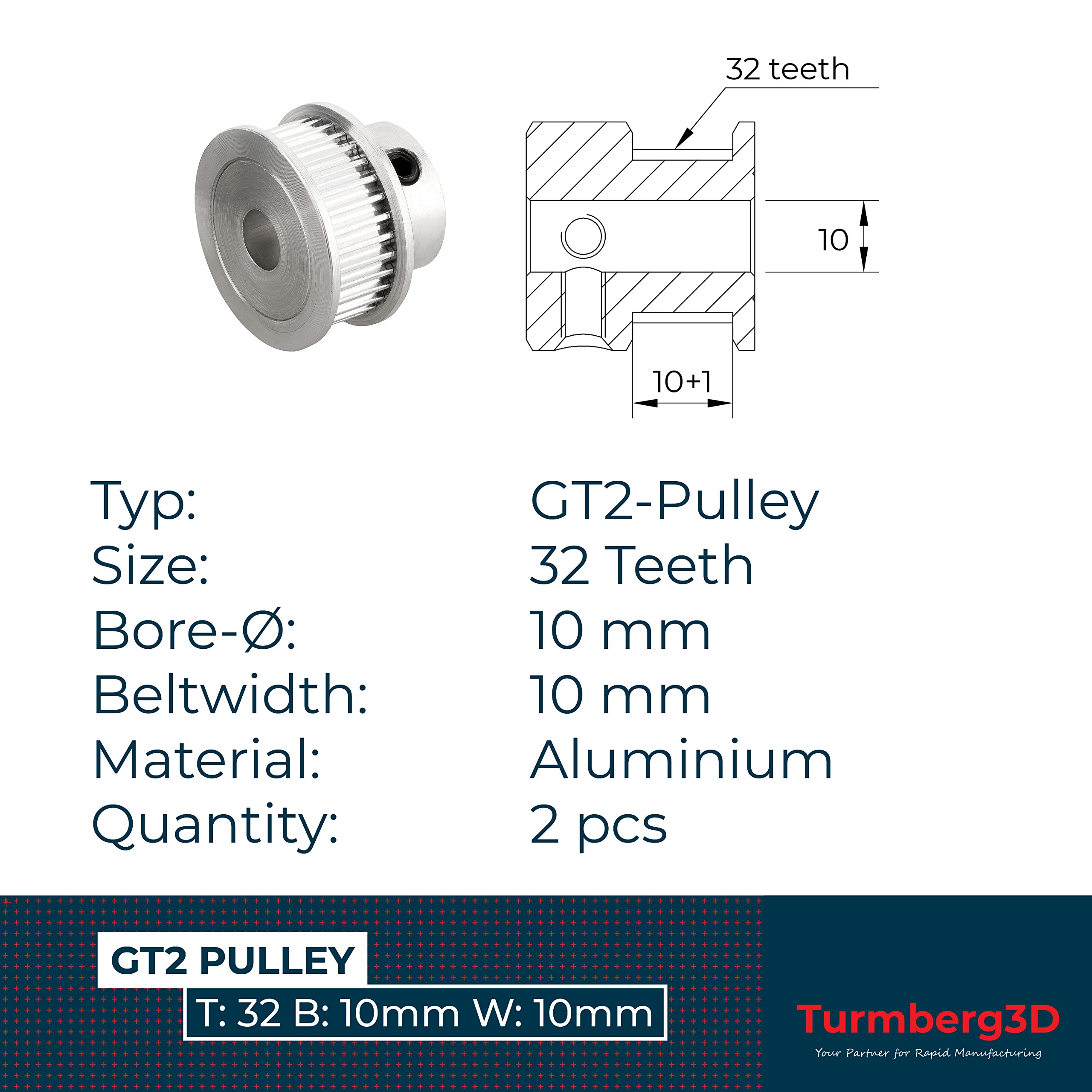 2 x GT2 koła pasowe / napęd pulley - 32 zęby - średnica otworu: 10 mm - szerokość paska: 10 mm (GT2-10 · 32T · Ø10)
