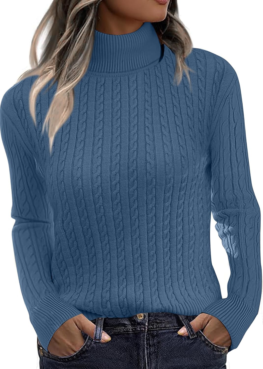 Zeagoo Womens Sweaters Turtleneck Cable Knit Long Sleeve Pullover Cute Fitted Trendy Basic Fall Winter Tops