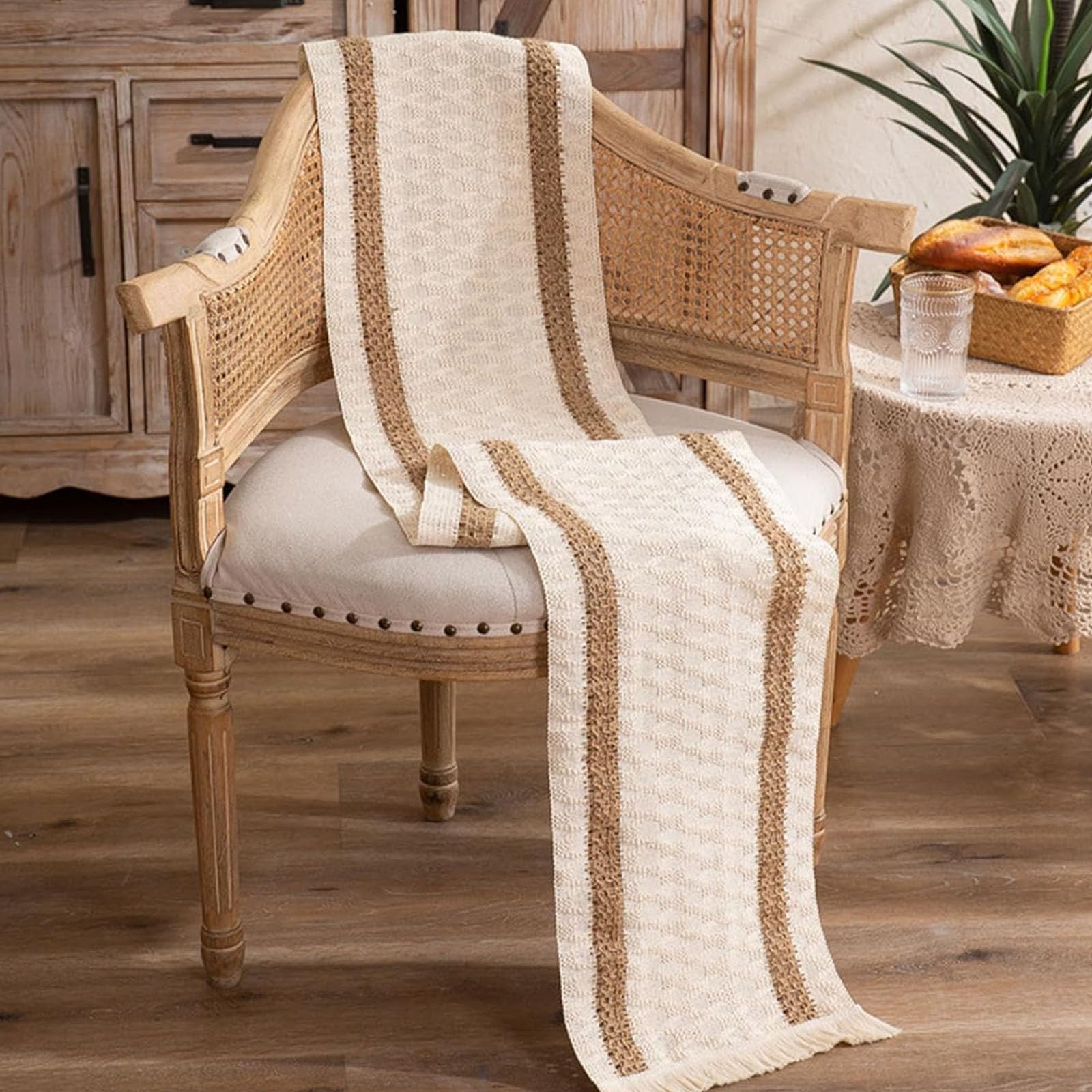 Runner da tavola in macramè con nappe a mano, stile rustico bohémien, in cotone e lino, tessuto di cotone all'uncinetto, decorazione per la casa, tovaglia per cucina, decorazione per la tavola