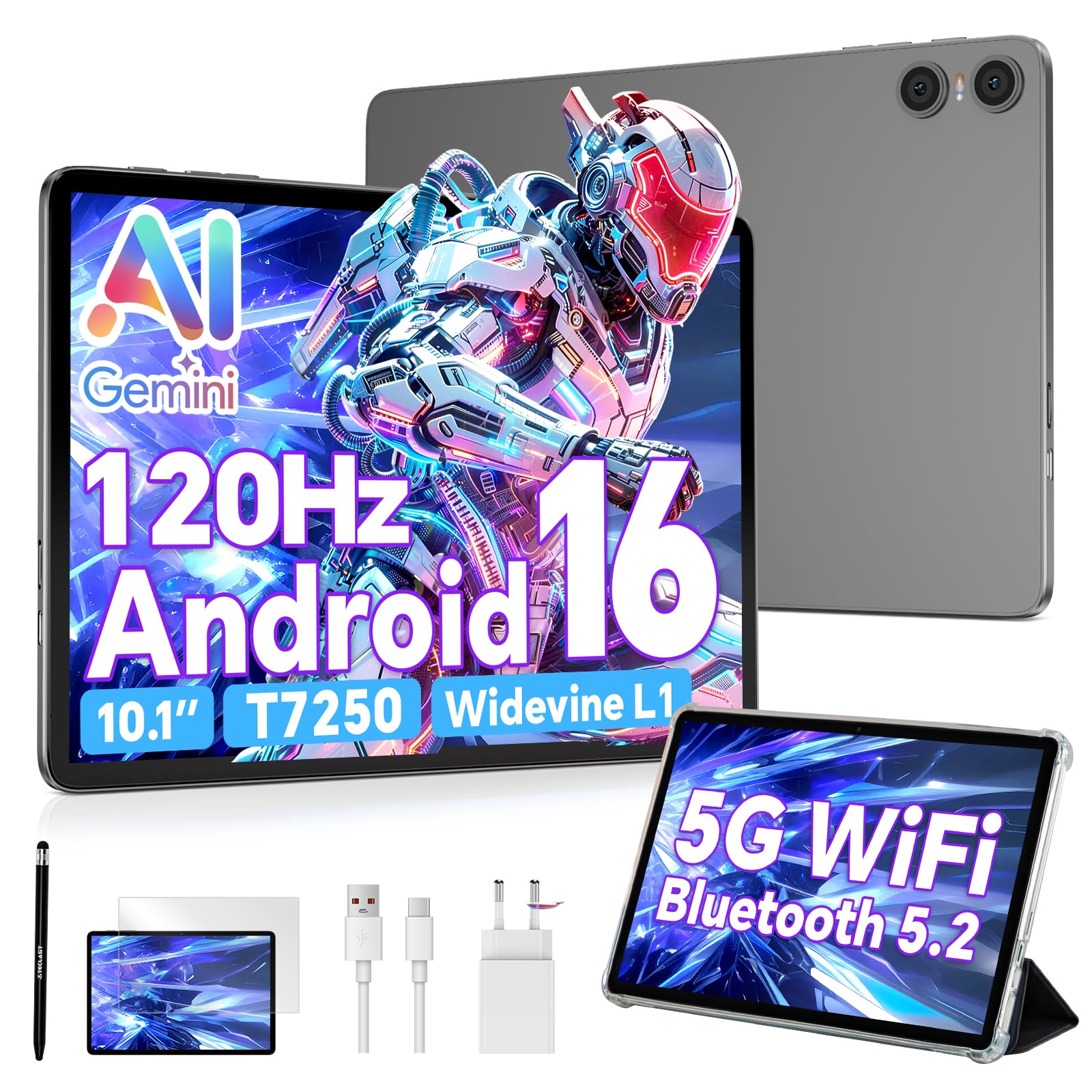 TECLAST Tablet 10 Zoll 120Hz Display, Android 16 Tablets, 16GB+128GB, P30T | 4TB erweiterbar, Octa-Core T7250 CPU mit Gemini AI, Widevine L1 für HD-Streaming, WiFi&BT, GMS, GPS, Hülle & Stift inklusive