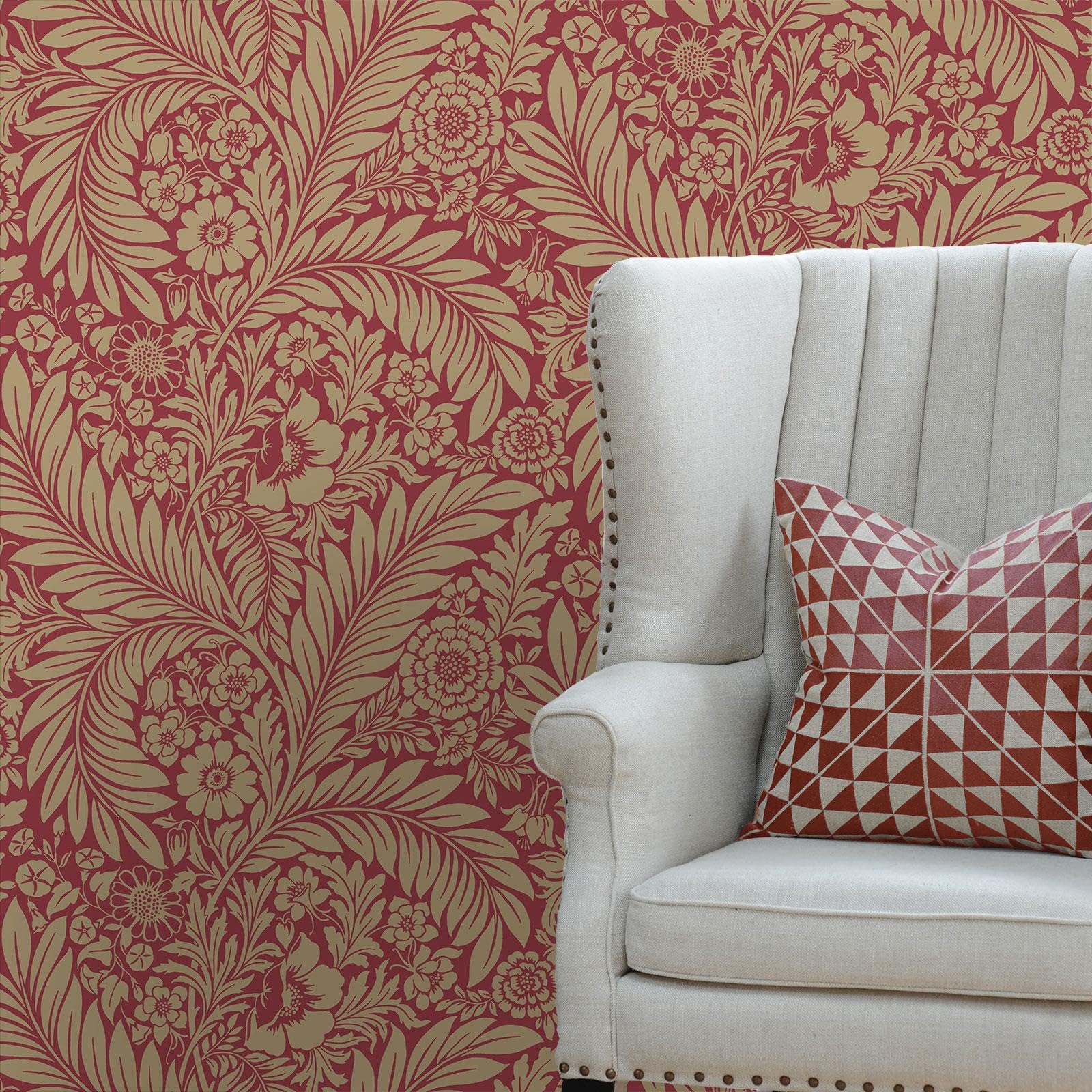 World Of Wallpaper Red / Gold Florence Leaf Wallpaper Floral Metallic Gold/725 - Feature Wall Paper For Living Room Bedroom Hallway Lounge