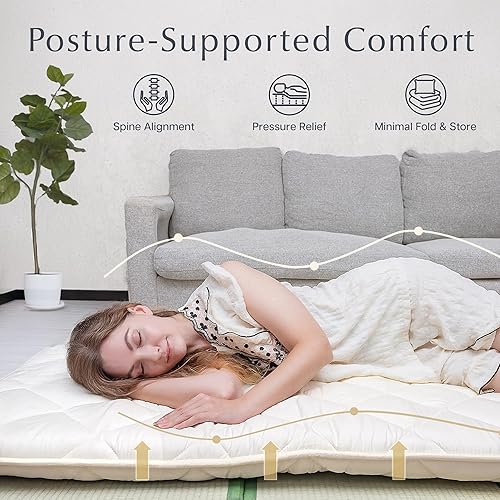 Miniatura 6 de HALZEN - Colchón japonés, fabricado en Japón, relleno de 11 libras, almohadilla de dormir enrollable, futón firme y de apoyo para dormir en el