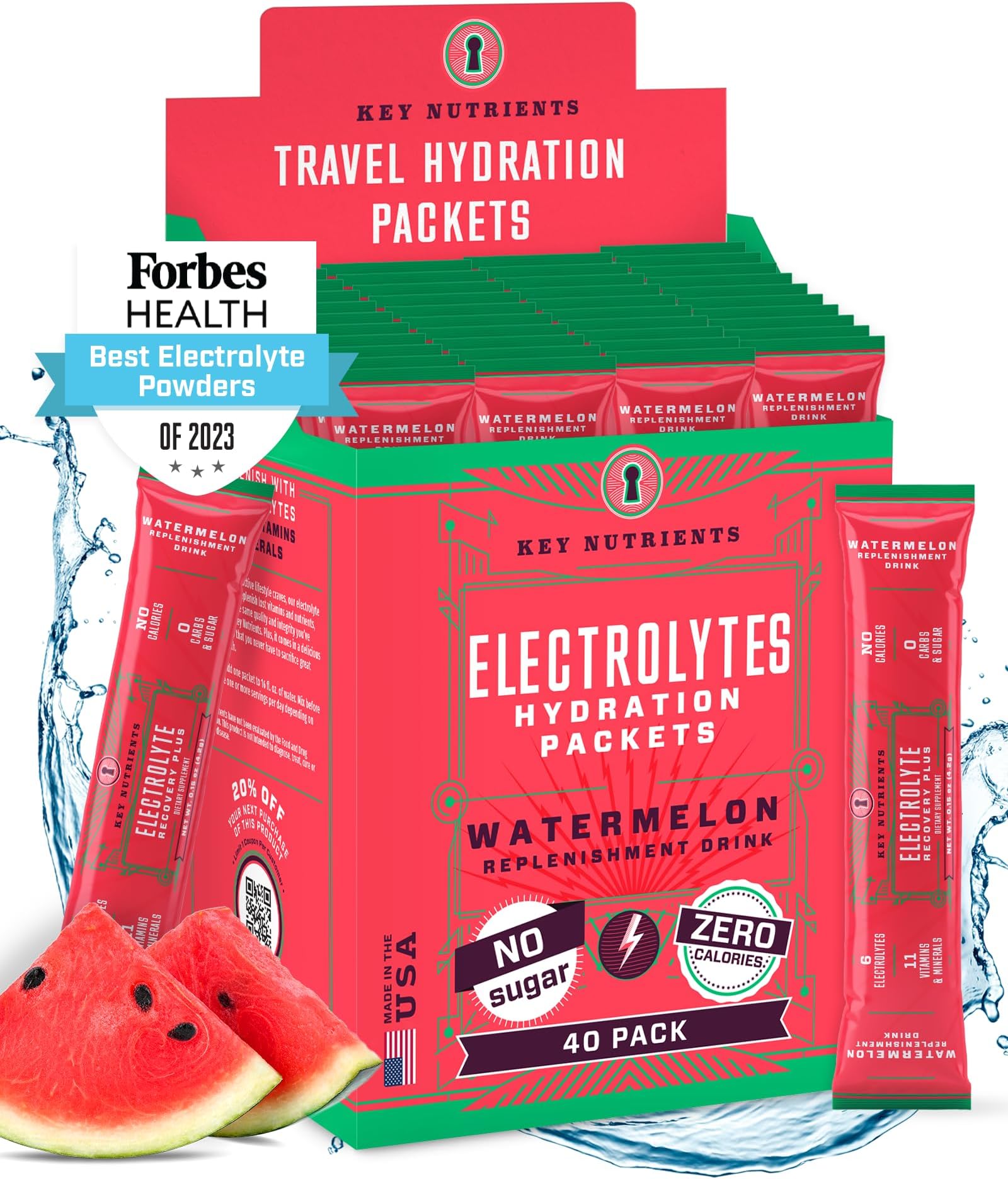 KEY NUTRIENTS Electrolytes Powder No Sugar - Refreshing Watermelon 40 Pack Electrolyte Drink Mix