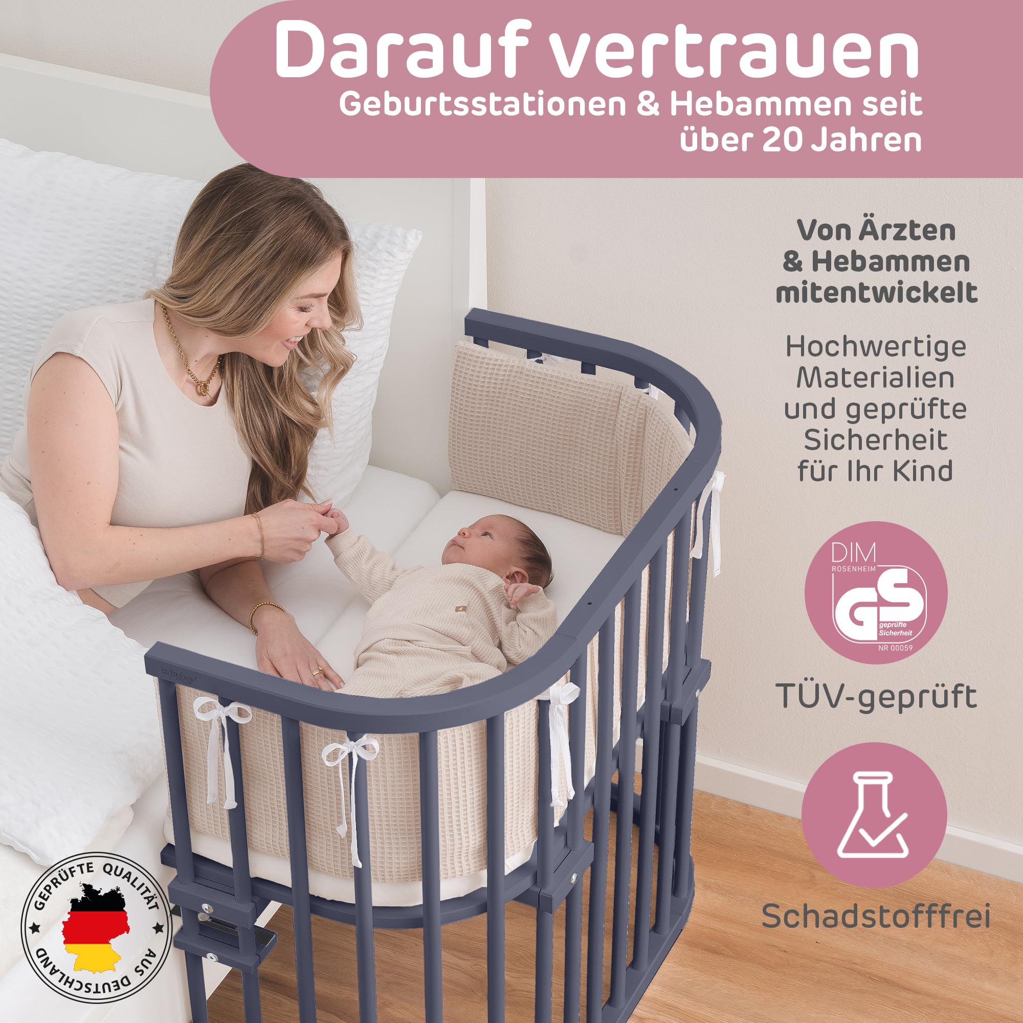 babybay Maxi łóżko pomocnicze, kolor łupkowy szary lakierowany z materacem Classic Soft