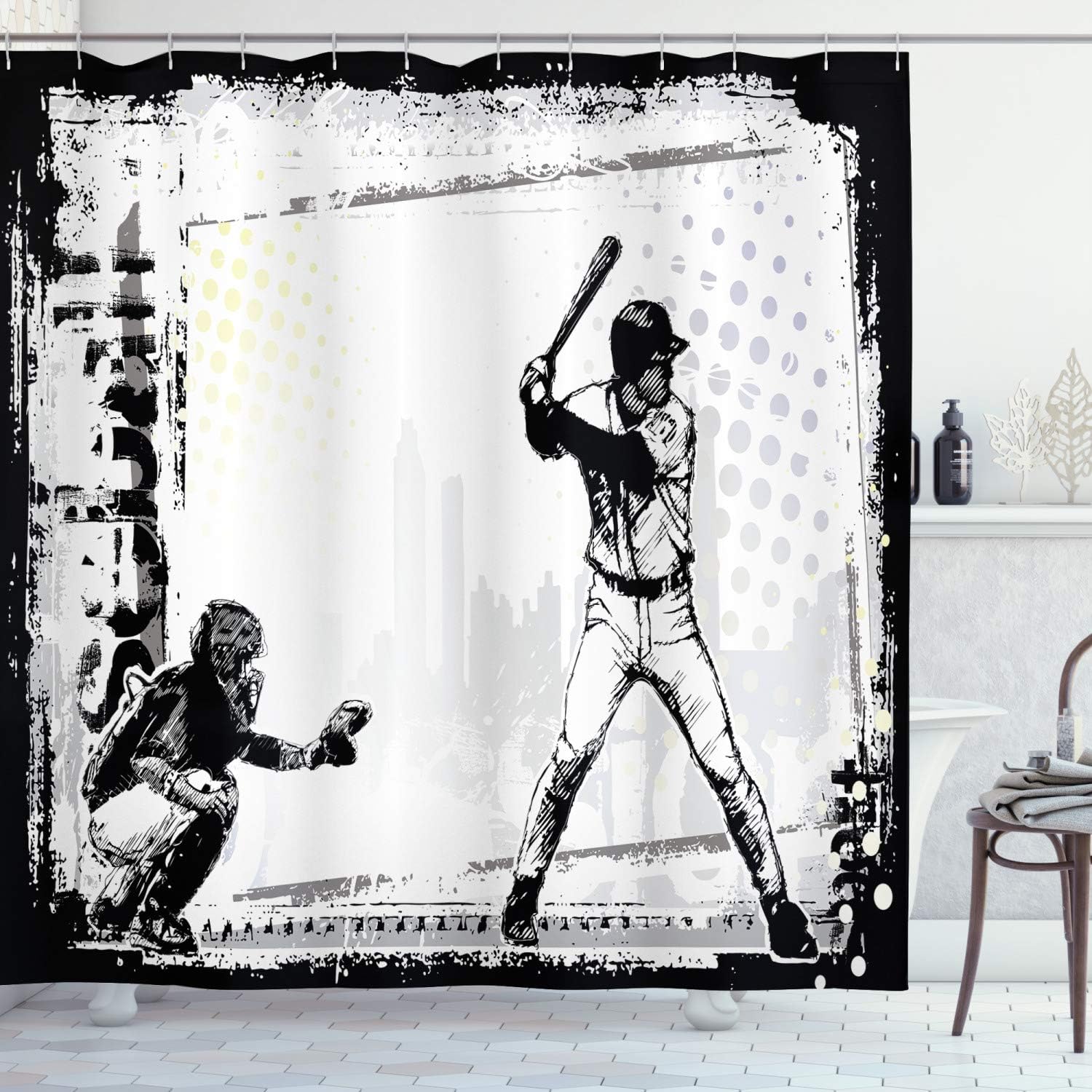 Ambesonne Sports Shower Curtain, Baseball Themed American Sport Team Rustic Design Silhouette Illustration Print, Cloth Fabric Bathroom Decor Set with Hooks, 69" W x 70" L, White Black