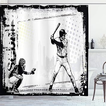 Ambesonne Sports Shower Curtain, Baseball Themed American Sport Team Rustic Design Silhouette Illustration Print, Cloth Fabric Bathroom Decor Set with Hooks, 69" W x 70" L, White Black