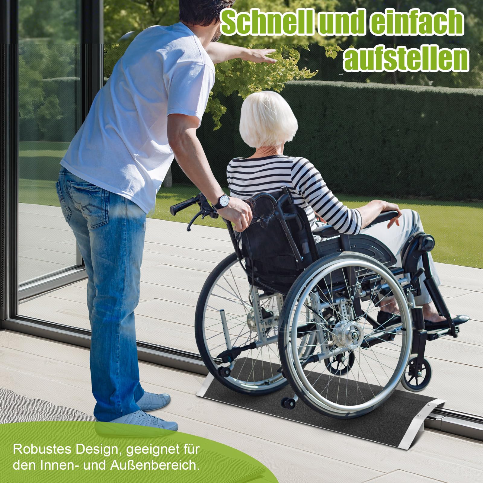 Vielseitig Alu-Schwellenrampe,80cm Breite, 300 kg Tragkraft, rutschfest Schwellenbrücke Rollstuhlrampe für Rollstuhl & Rasenmäher, Türschwellenrampe für Türschwellen, Stufen, Bordsteine