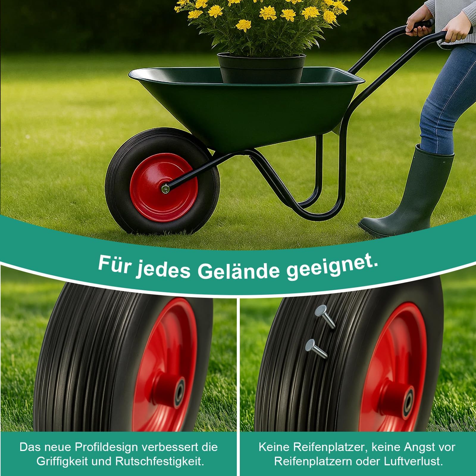 Schubkarrenrad 4.80/4.00-8 PU Vollgummi pannensicher – Ersatzrad für Schubkarre mit Rillenprofil, langlebiges PU Rad für Gartenkarre, Sackkarre & Transportwagen