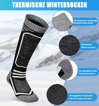 Niorasen 2 Paar Merino Skisokken voor Heren en Dames, Thermische Snowboardsokken, Skisokken met Vulling, Warme Kniekousen voor Skiën, Snowboarden en Wintersporten in de Buitenlucht
