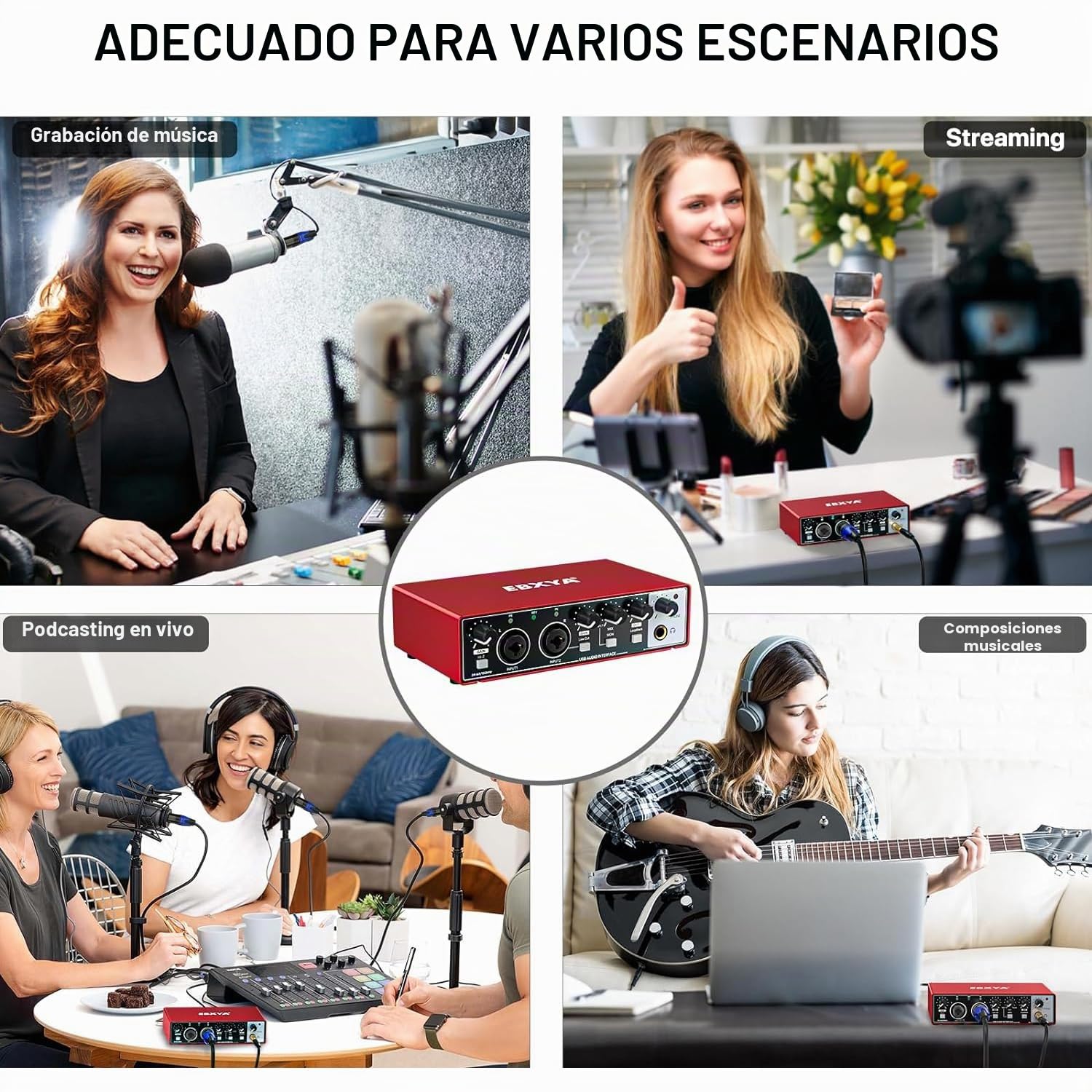 EBXYA USB Audio Interface 24-Bit/192 kHz USB Sound Card Interface with MIC/XLR/Line Inputs, High Fidelity Mic Preamps for Recording Streaming Podcasting(Rojo)