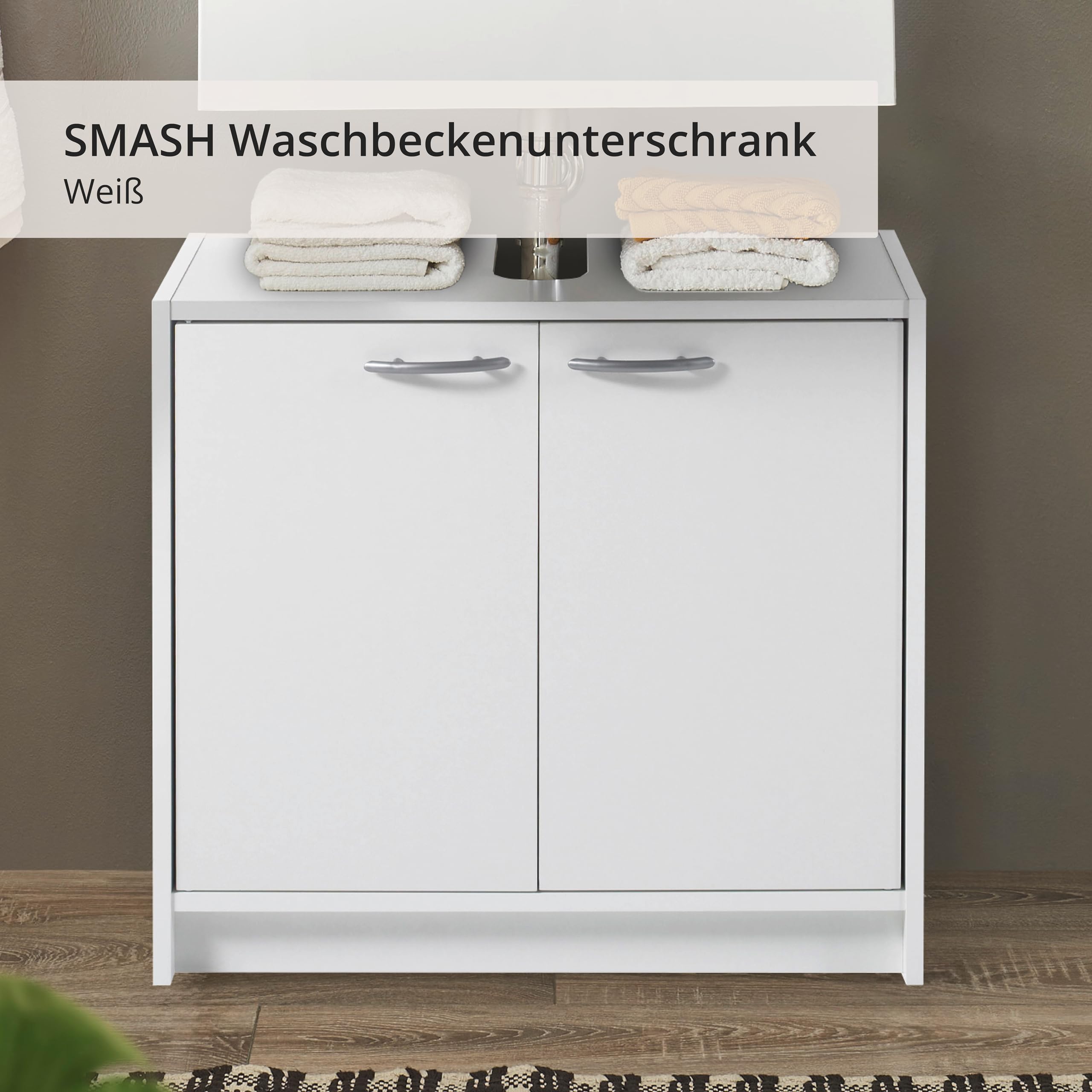 SMASH Badezimmer Waschbeckenunterschrank in Weiß matt - Schlichter Bad Unterschrank Badezimmerschrank mit viel Stauraum - 63 x 55 x 29 cm (B/H/T)