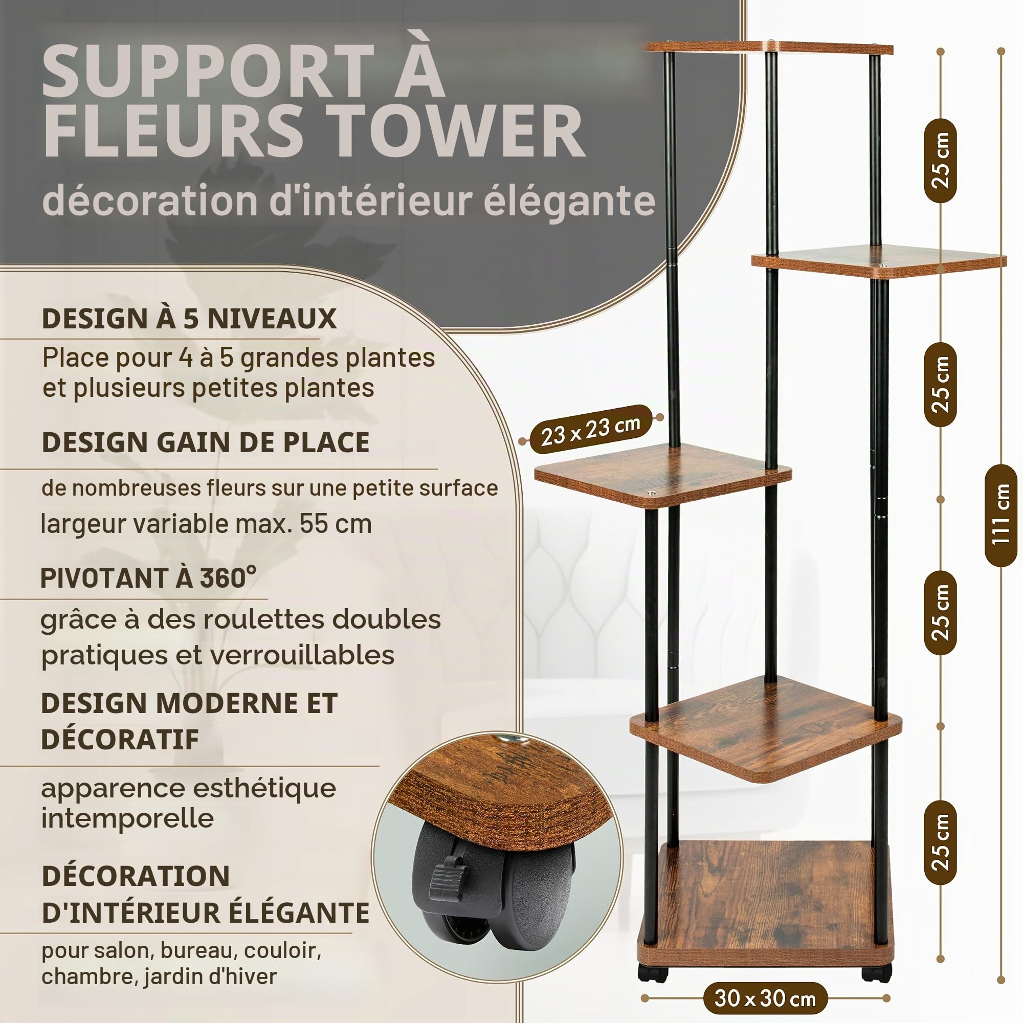 TTL HOME TOWER Étagère à plantes avec roulettes 5 étages – Étagère à fleurs 112 cm de haut pour salon – Support design en bois de chêne et métal noir – Escalier à fleurs & étagère intérieure
