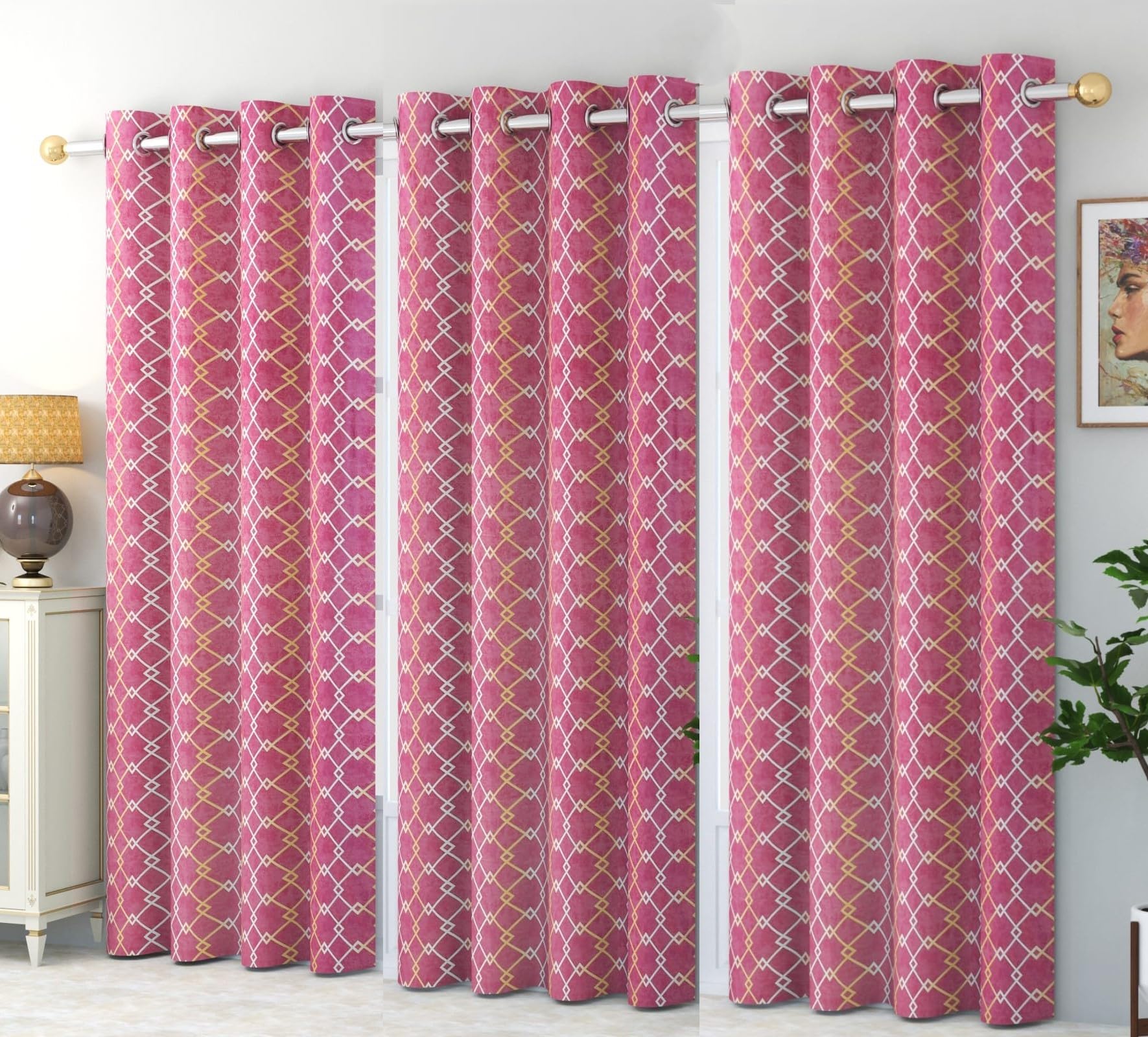WO FLORA Latest Check Pattern Window Curtains for Living Room | Drawing Room Parde | Curtain Panel for Door, Pink Color 5 Feet 3 Pcs Set Curtains