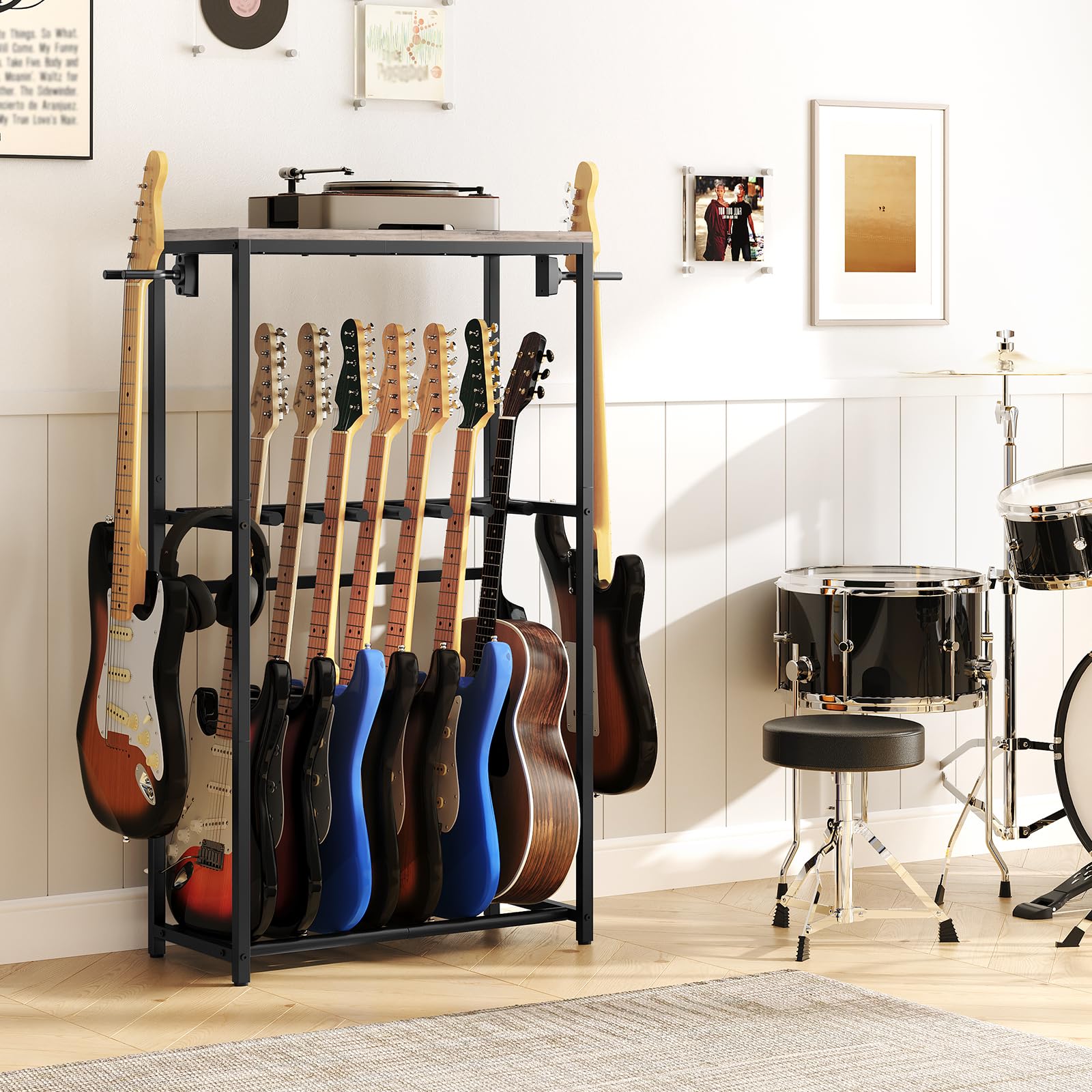 MAHANCRIS Soporte de Guitarra, Estantería para 7 Guitarras de Dos Niveles, para Guitarra Acústica, Guitarra Eléctrica, Bajo, Ukelele, Banjo, Revestimiento Protector de EVA, Gris AGSHG6701